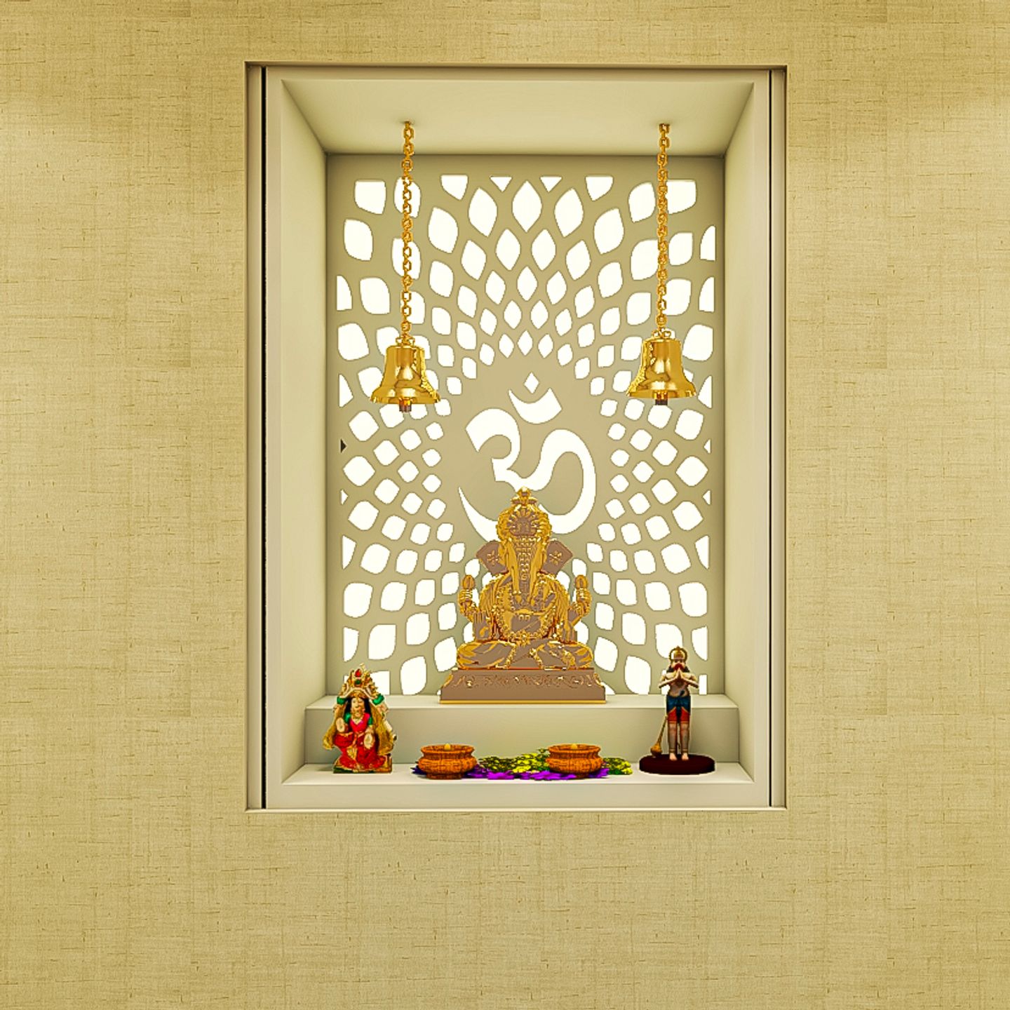Spacious Mandir Design With White Jali Backdrop