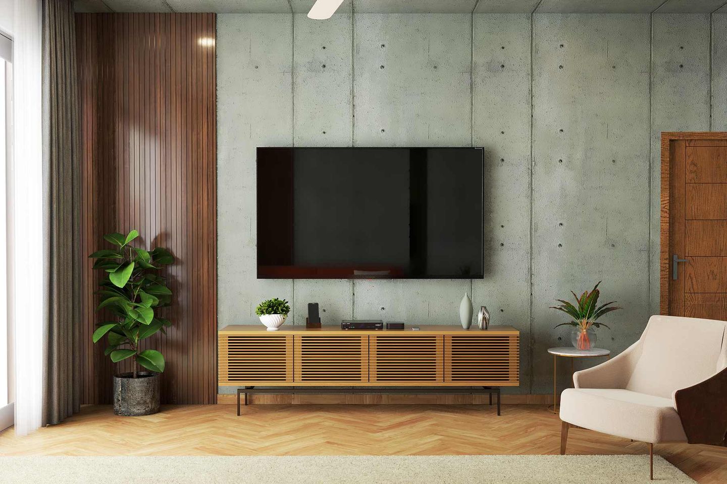 View of Spacious Industrial TV Cabinet Design With Wooden Console Table | Livspace