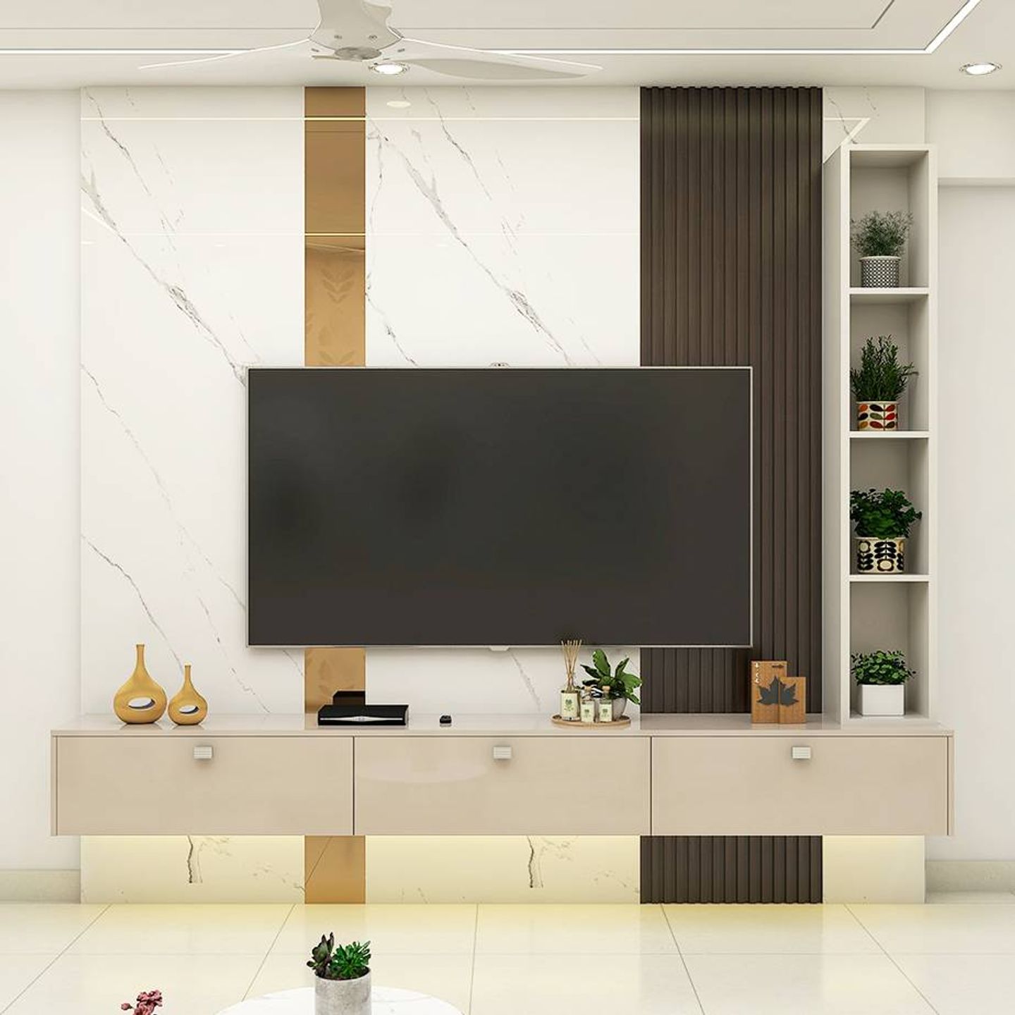 Modern TV Unit Design With Fluted Panels | Livspace