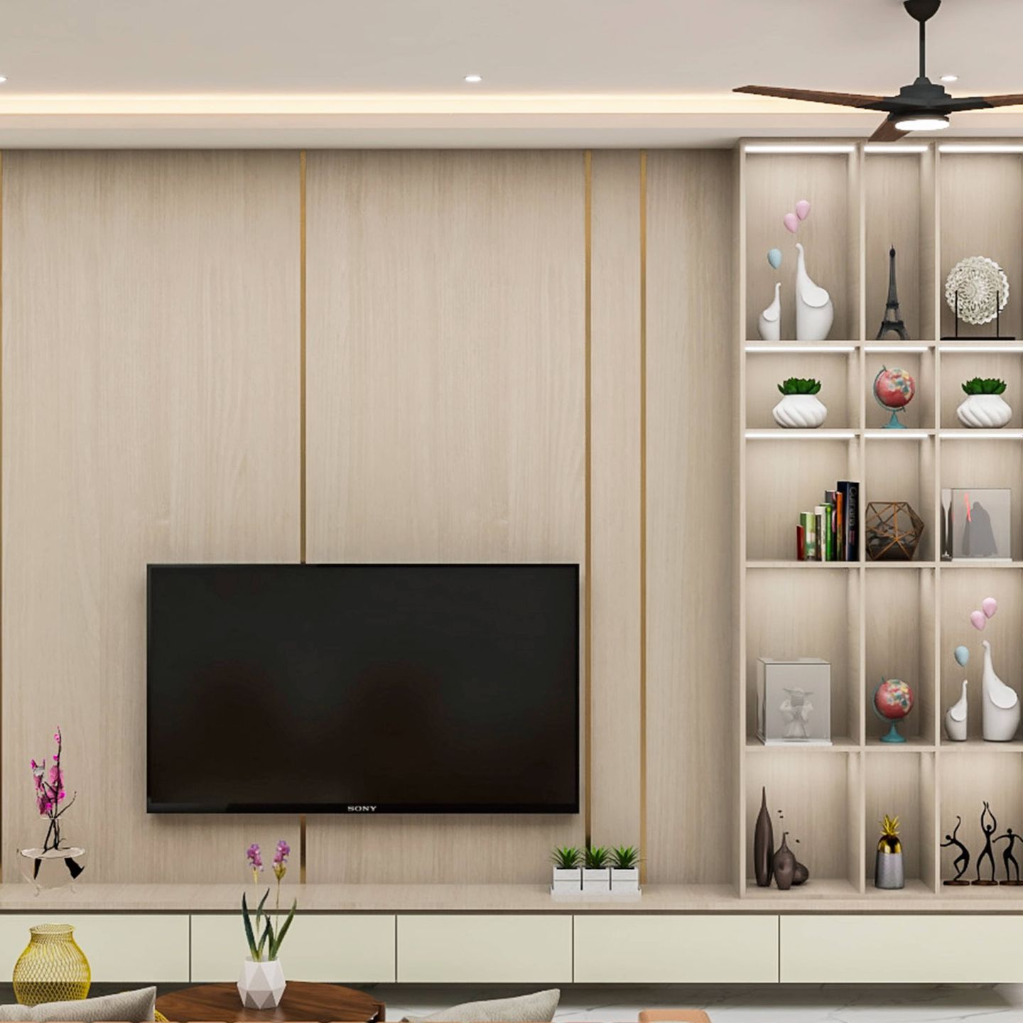 Modern Spacious TV Unit Design With Open Shelves Livspace