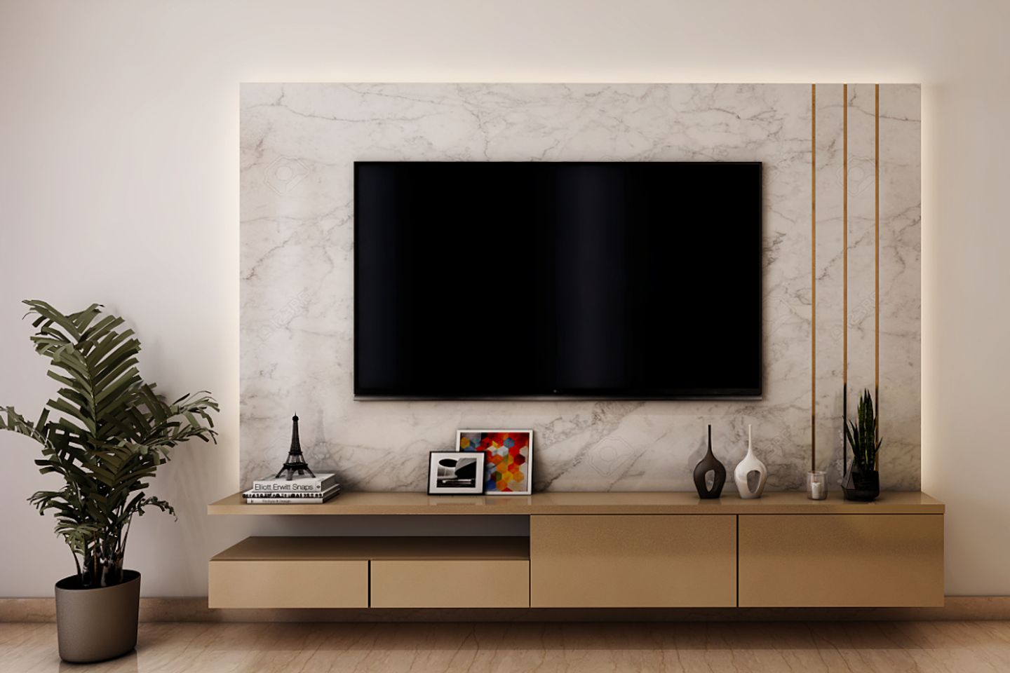 Beige TV Unit Design With Marble Dao And Gold Inlays - Livspace