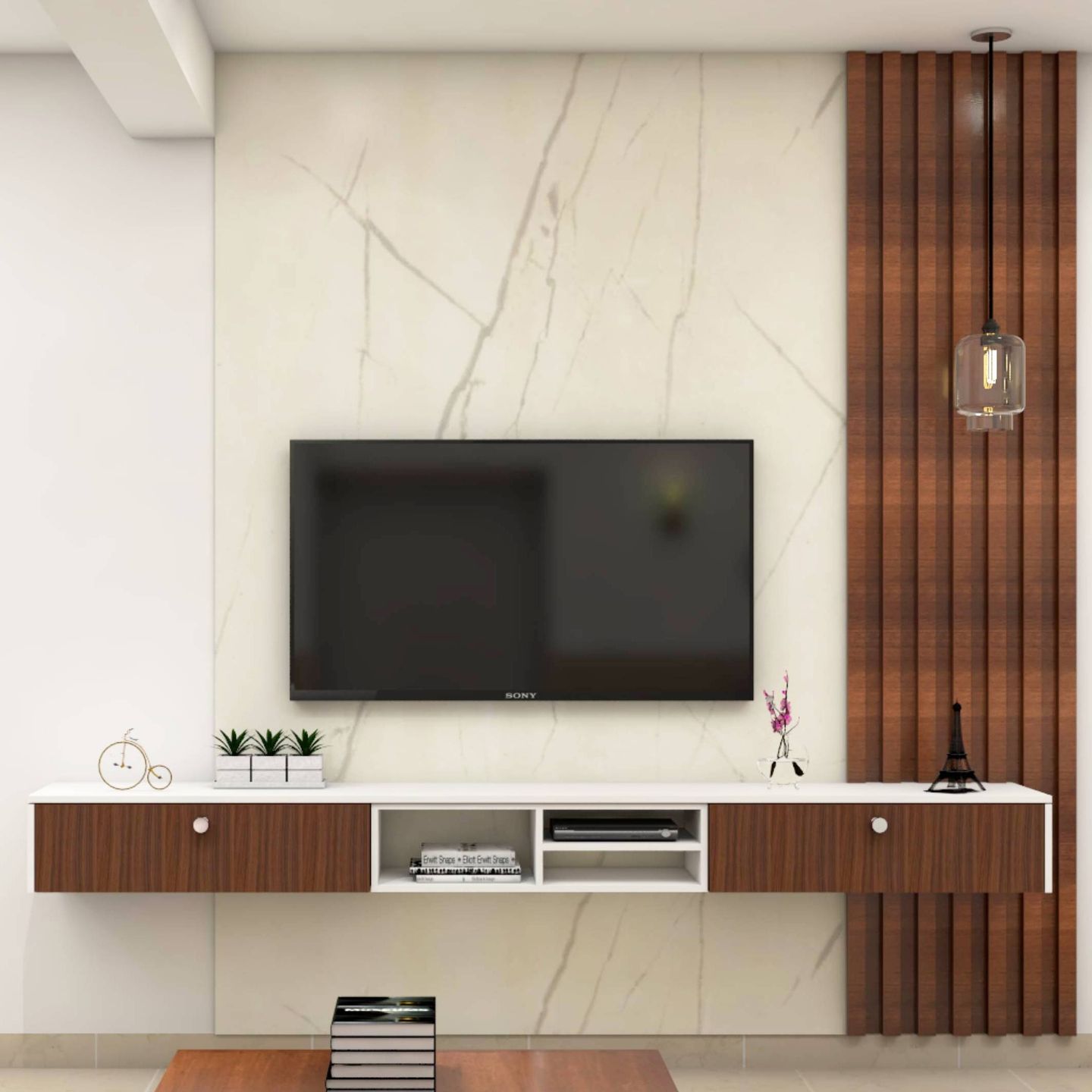 TV Unit With Marble Back Wall And Wooden Panel - Livspace