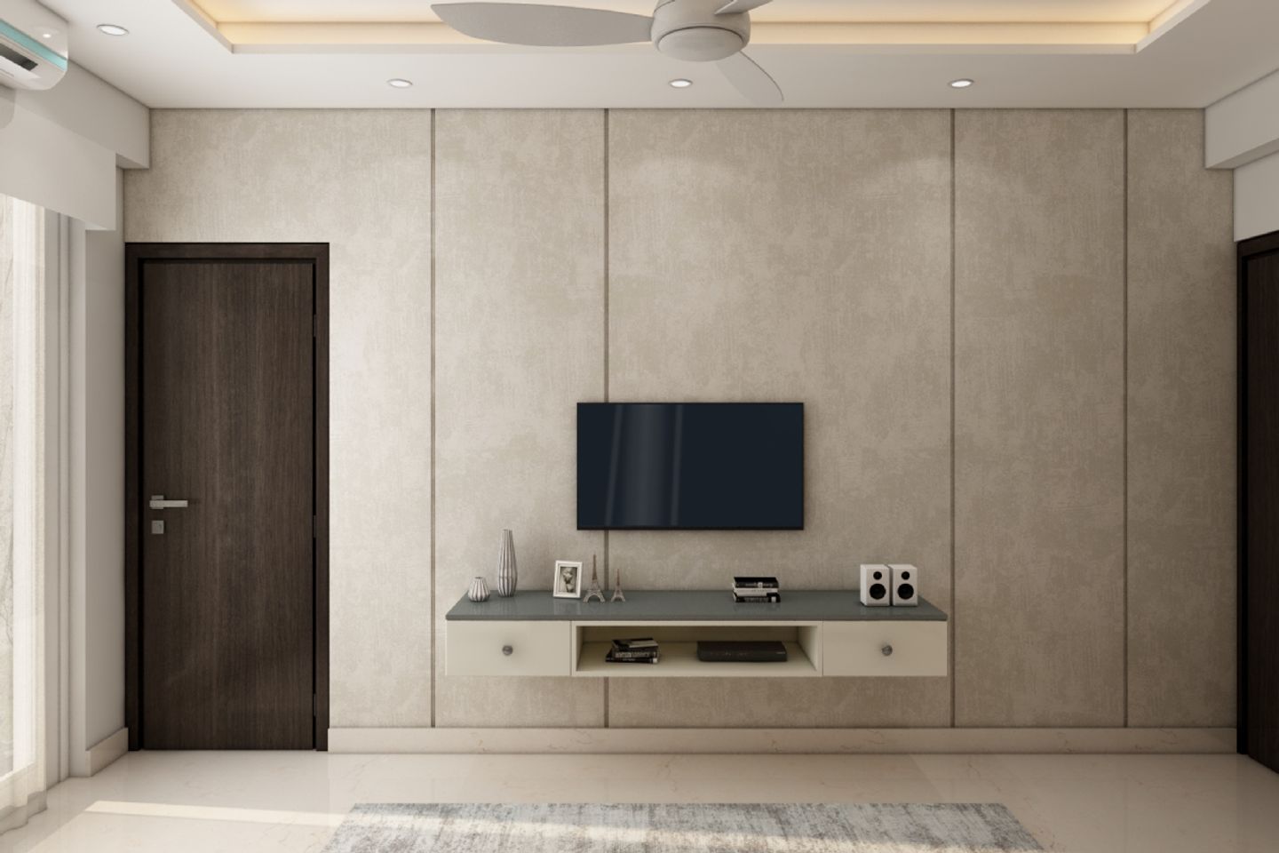 Beige TV Unit Design With Cream And Grey Drawers - Livspace