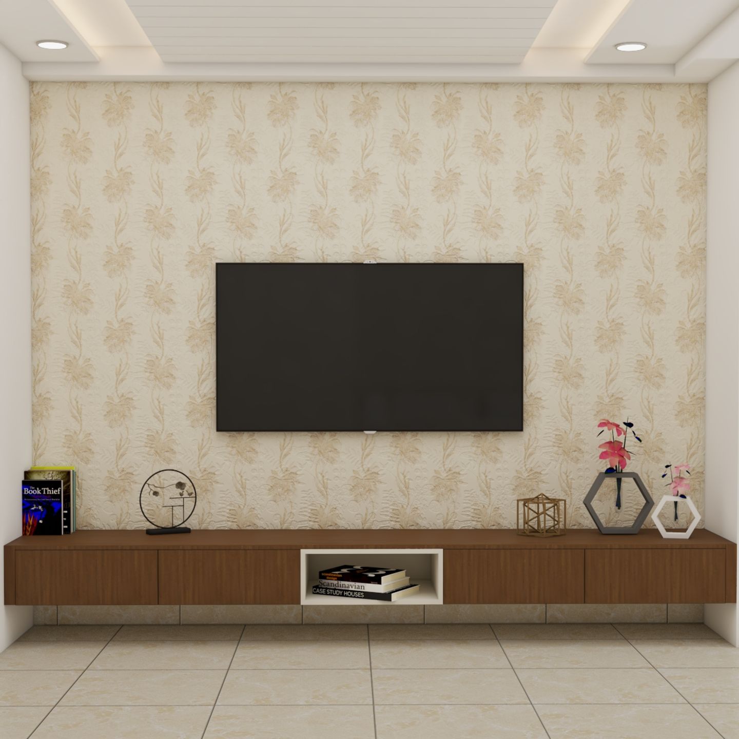 TV Unit Design With Beige Wallpaper - Livspace