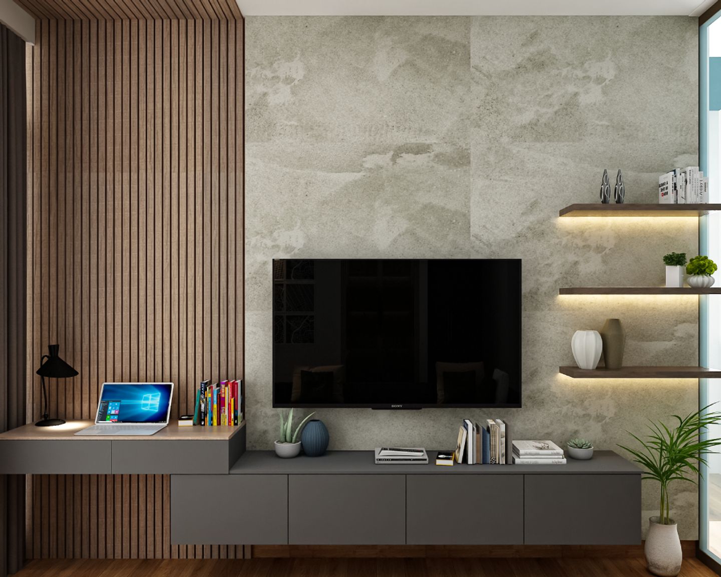 Compact TV Unit With A Working Desk Livspace