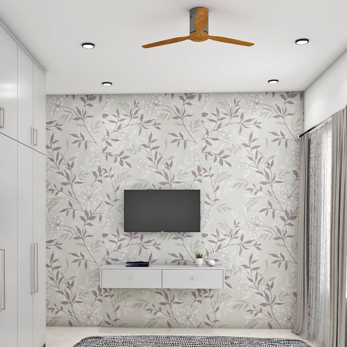 Modern TV Unit Design With Floral Wallpaper Livspace