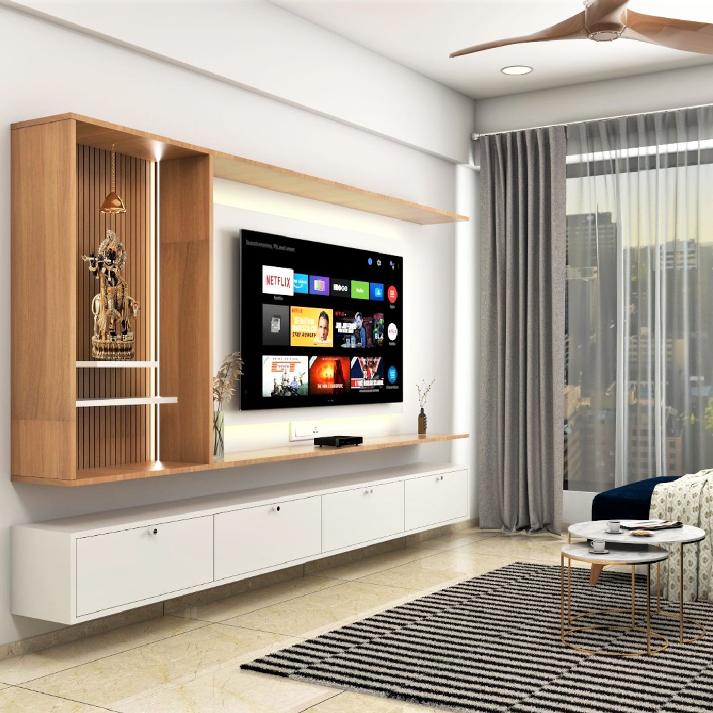 Spacious White And Wooden TV Design With A Pooja Unit Livspace