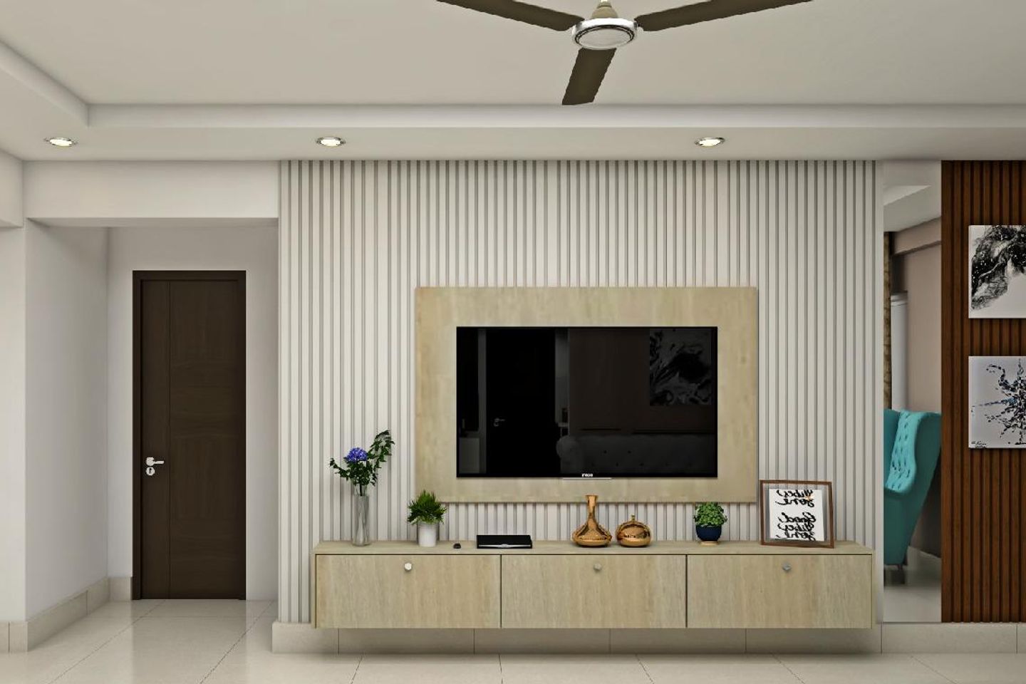 Spacious TV Design With White Vertical Panels Livspace