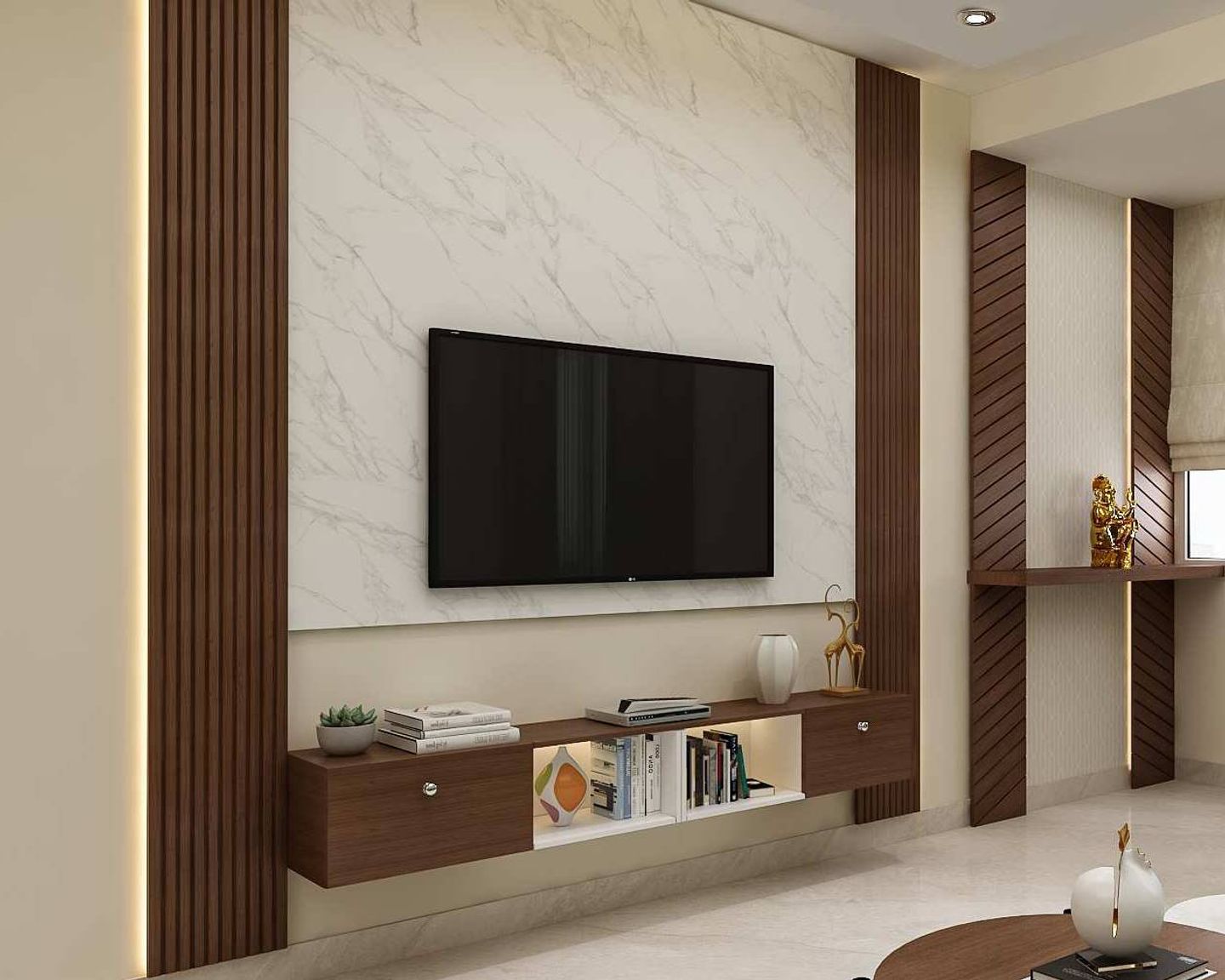 TV Unit Design With White Marble Backdrop - Livspace