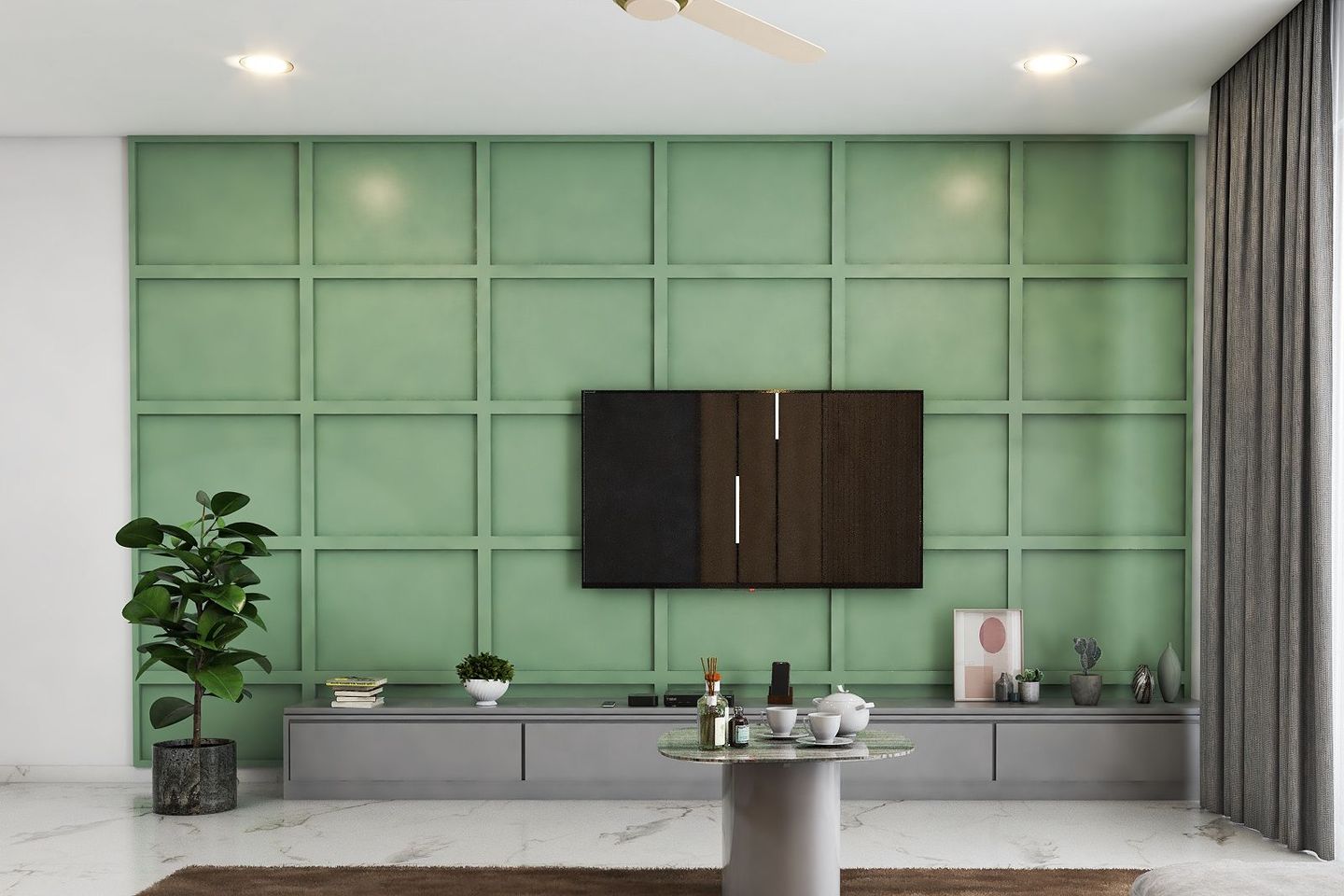 TV Unit Design With Dynamic Green Wall And Grey Accents-Livspace