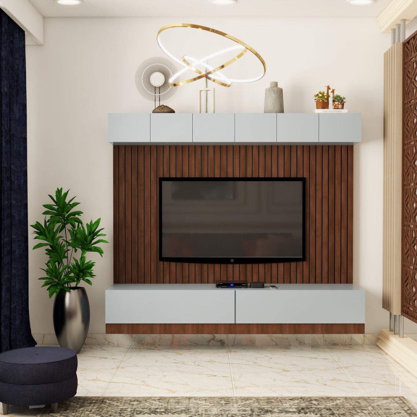 Rustic TV Unit Design with Dark Wooden Panels - Livspace