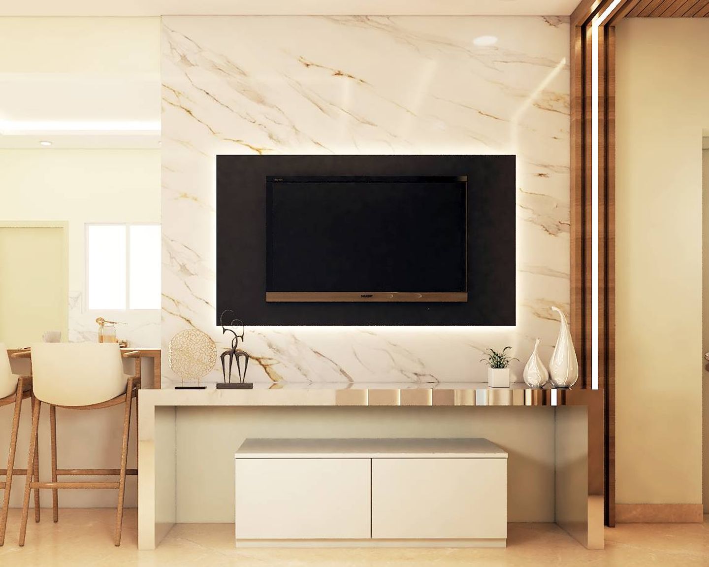 White TV Unit With Marble Cladding - Livspace
