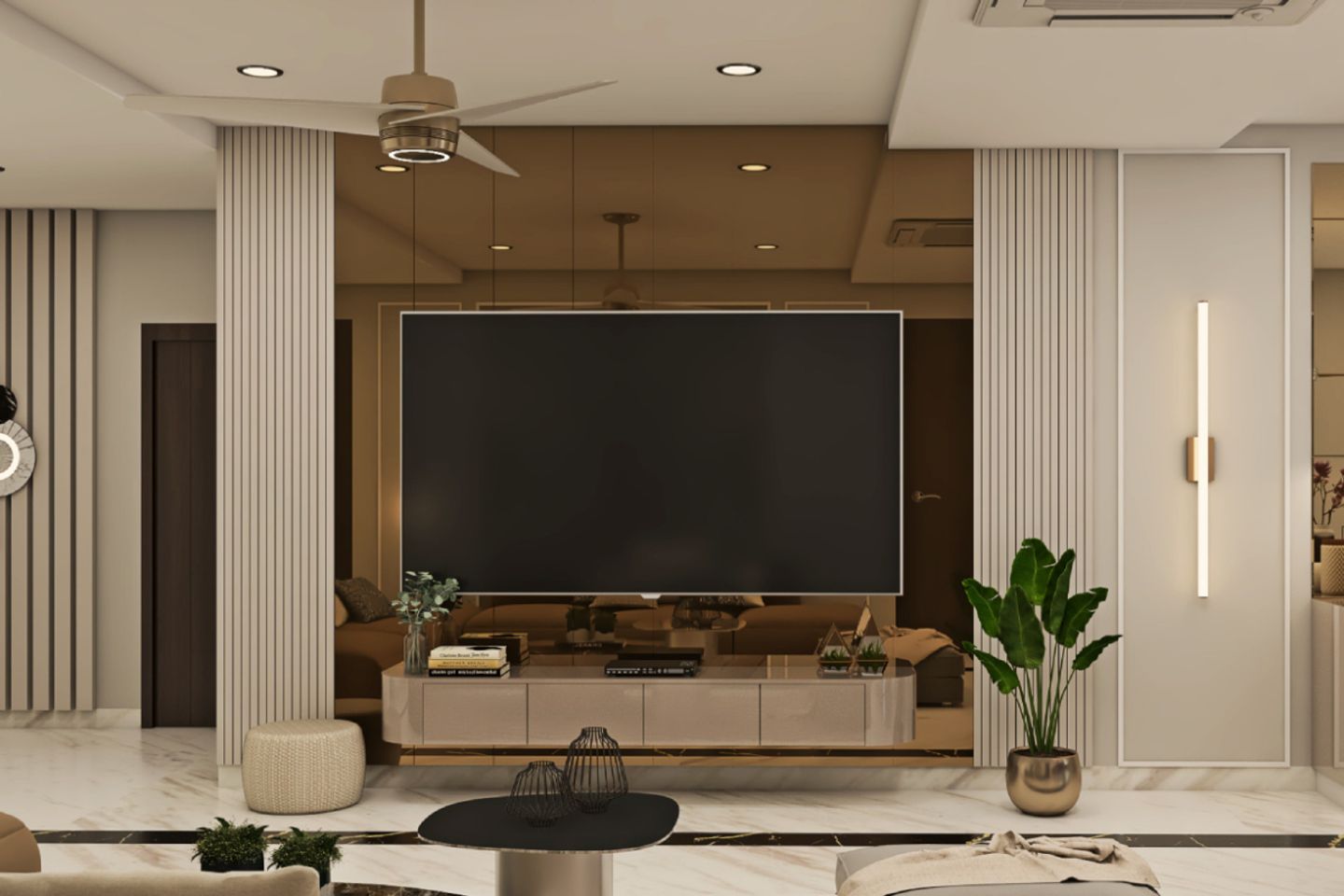 TV Unit Design With Bronze Back Panel - Livspace