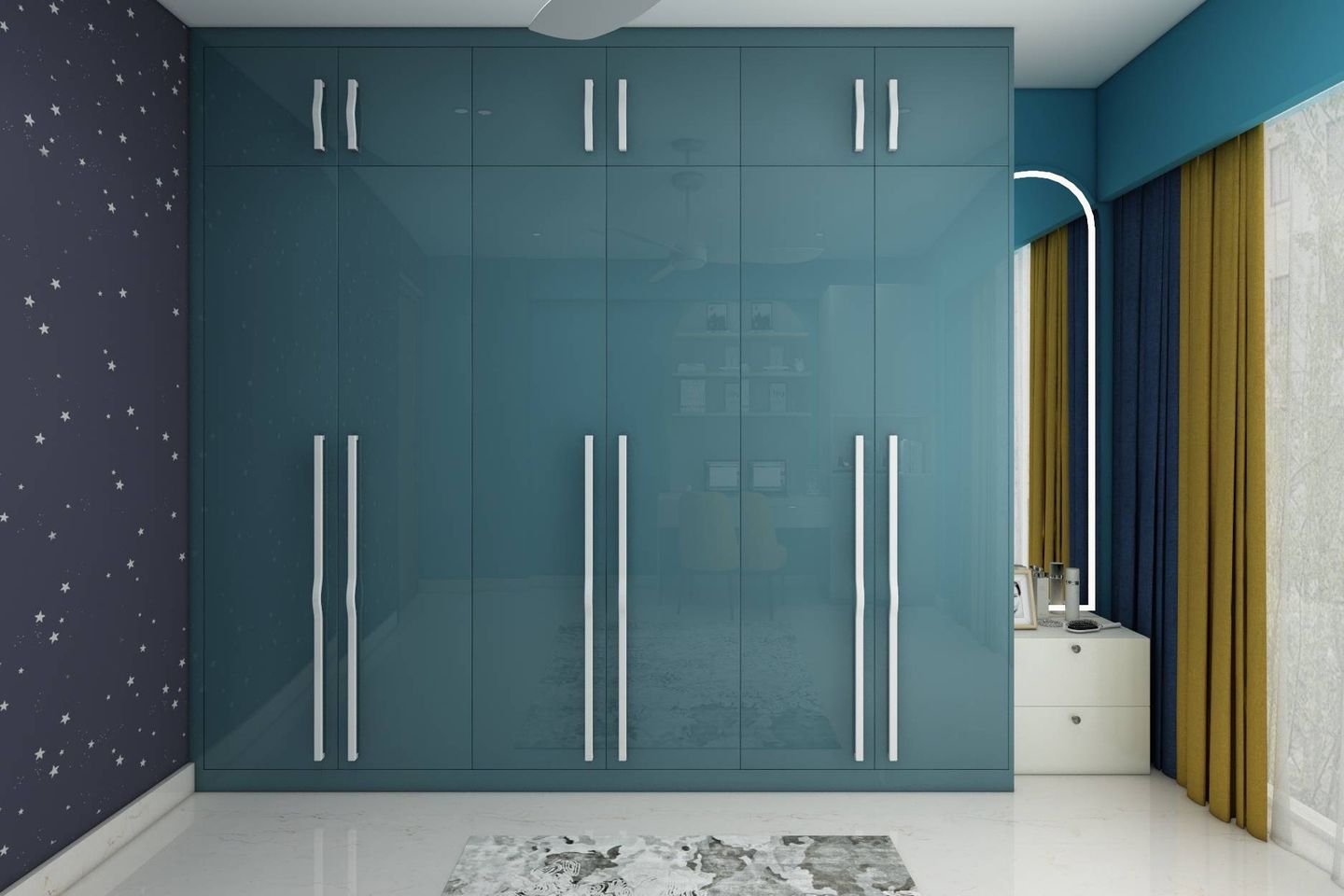 Teal Blue 6-Door Swing Wardrobe Design With Lofts - Livspace
