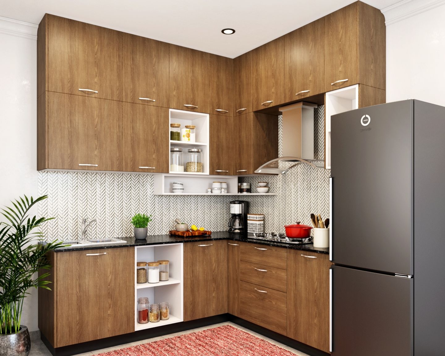 Walnut Bronze Modular L Shape Kitchen Design - Livspace