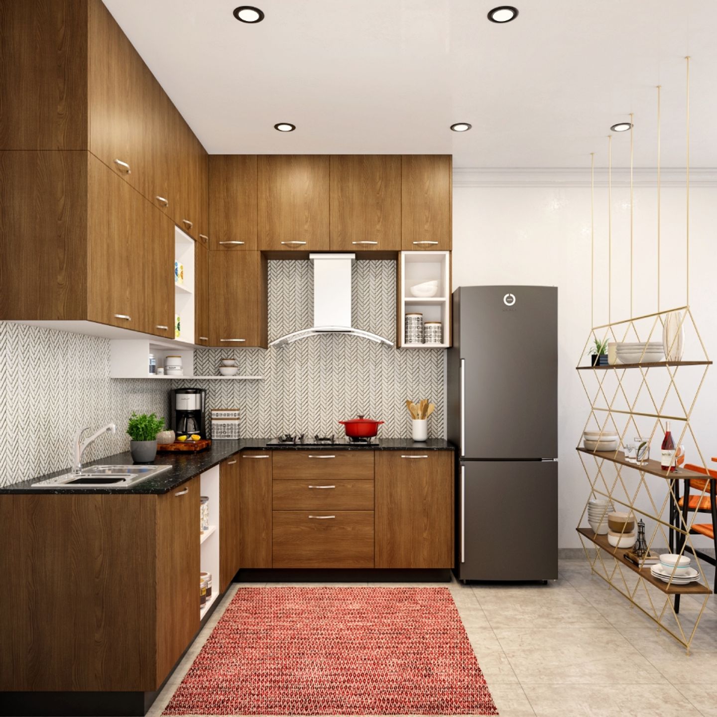 Modern Walnut Bronze Modular L Shape Kitchen Design