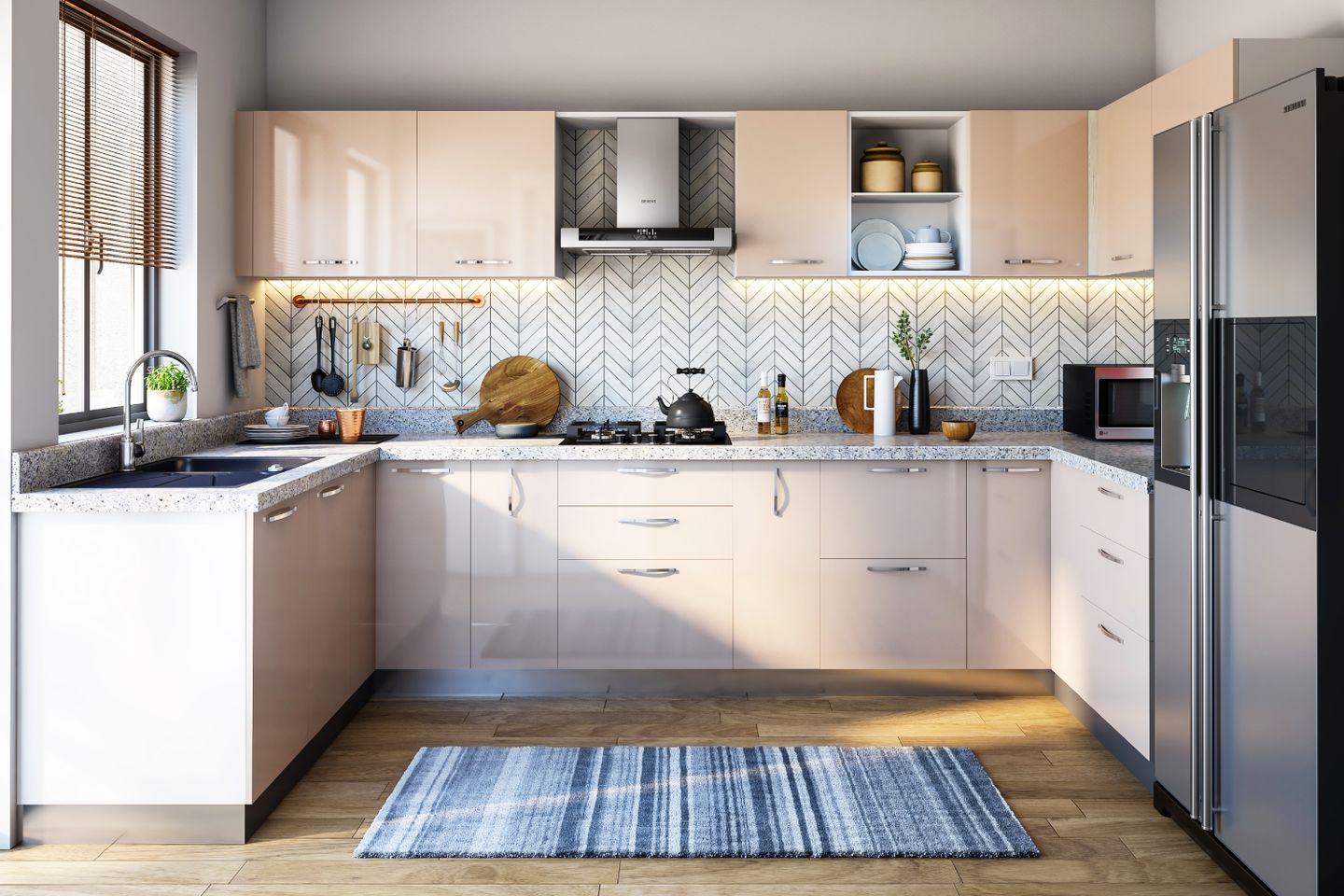 U Shape Modular Kitchen Design With Sand Satin Cabinets - Livspace