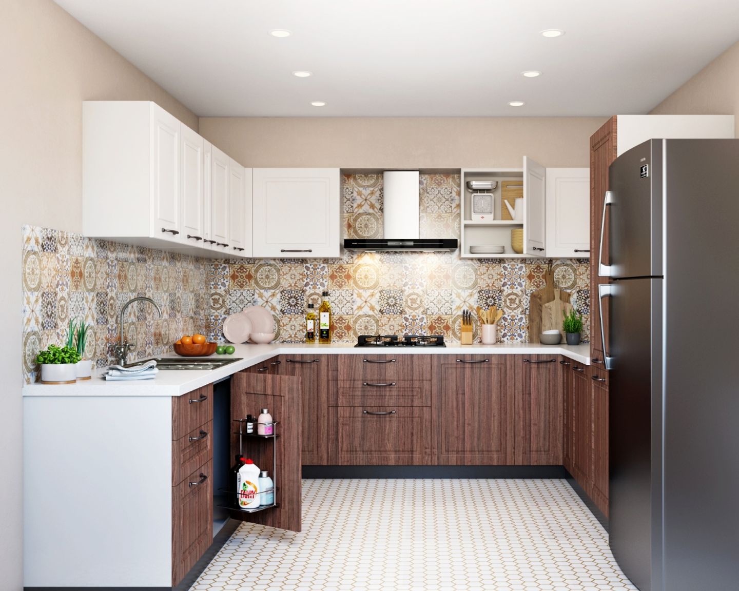 U Shape Kitchen Design With Colourful Patterned Dado Tiles - Livspace