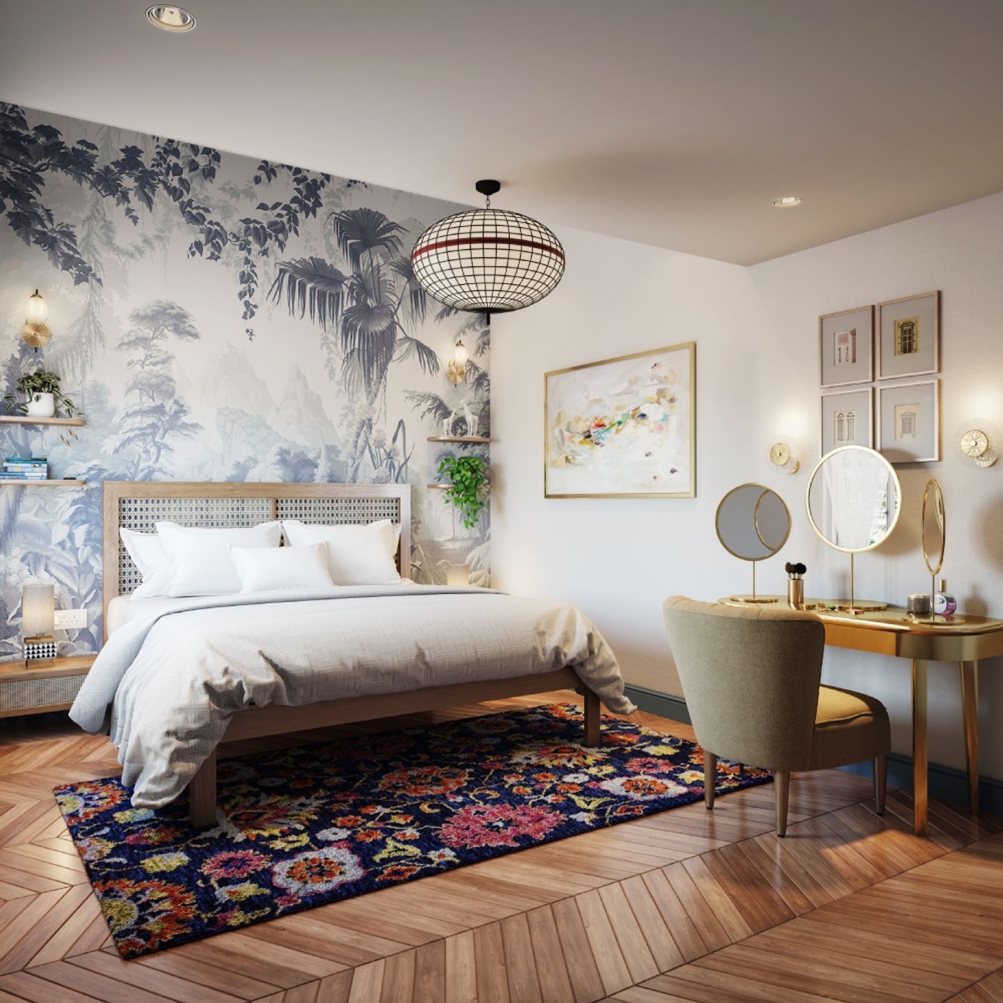 15x14 Ft Master Bedroom Design With Floral Wallpaper - Livspace