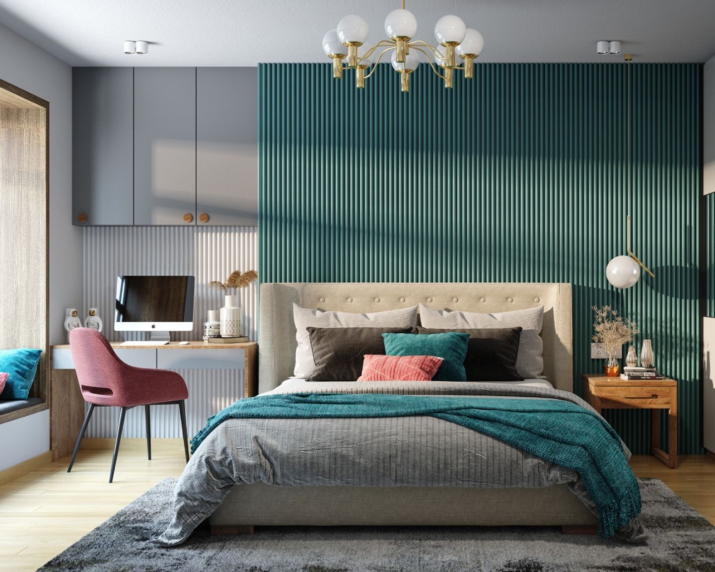 Teal Blue And White Fluted Wall Panel Wall Design - Livspace