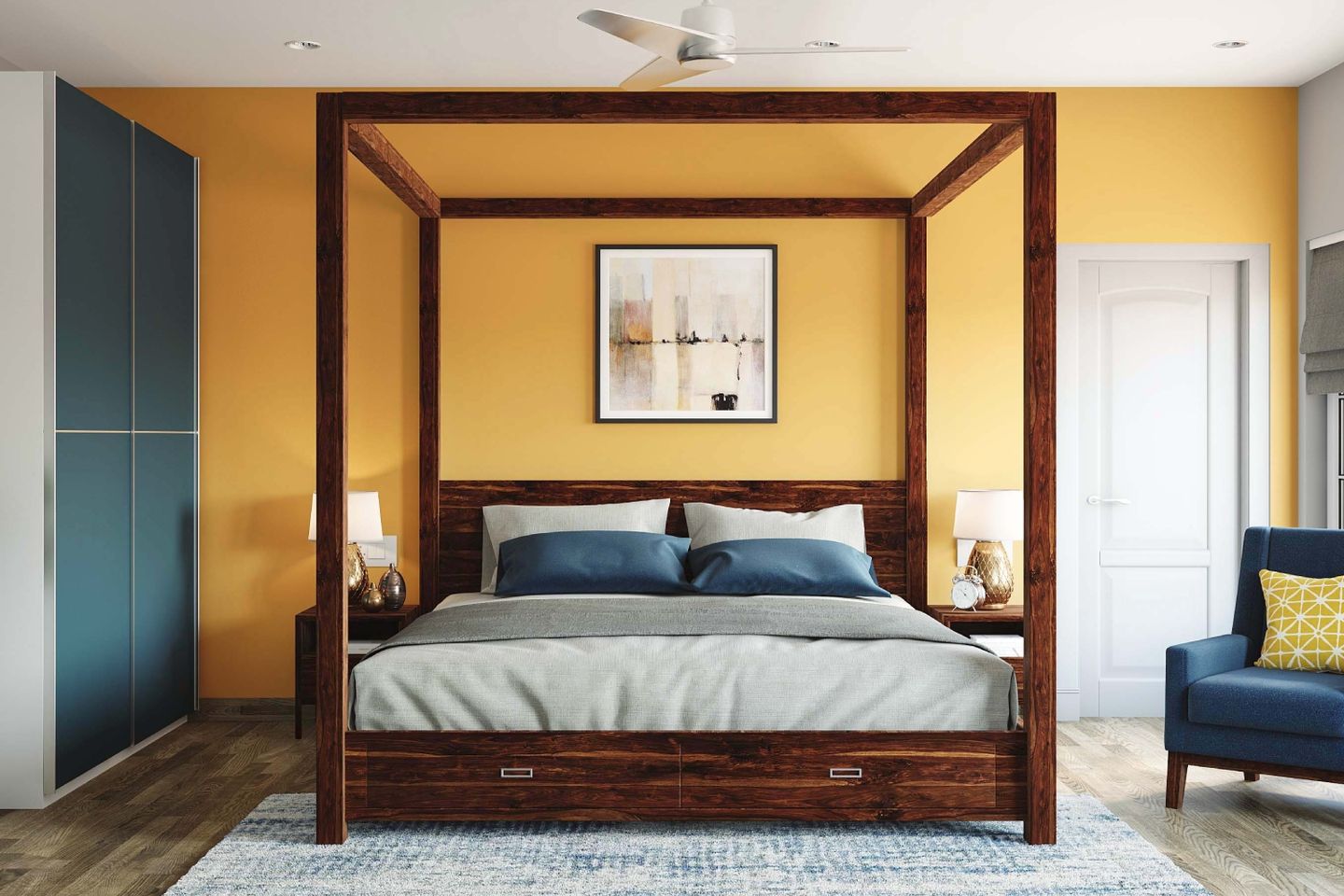 Golden Yellow Bedroom Wallpaint Design - Livspace