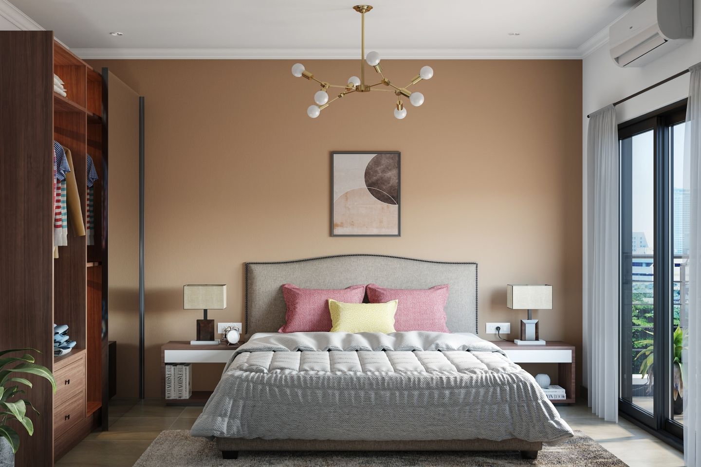 Beige Tan Bedroom Wallpaint Design- Livspace