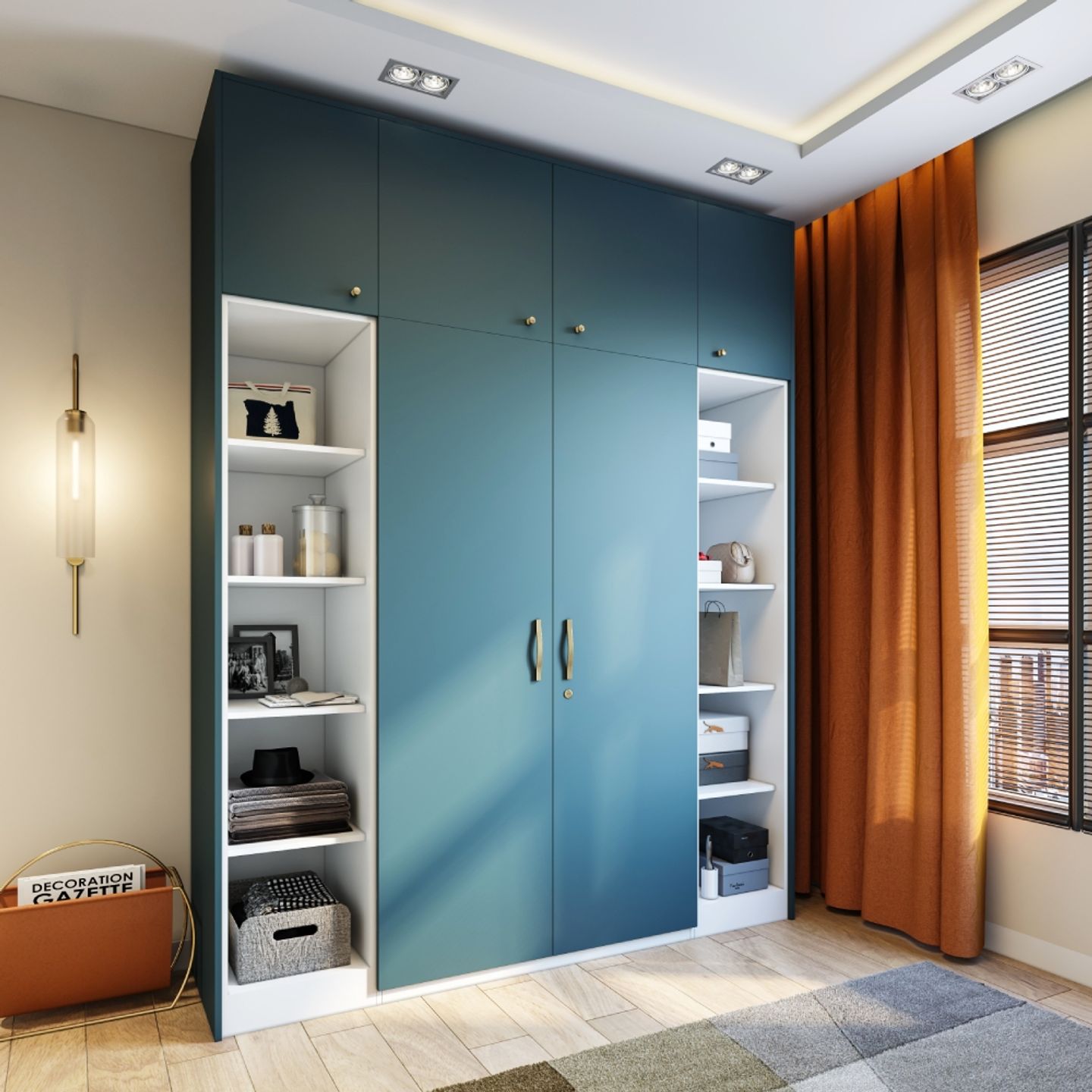 Shore Blue 2Door Swing Wardrobe Design With Open Shelves Livspace