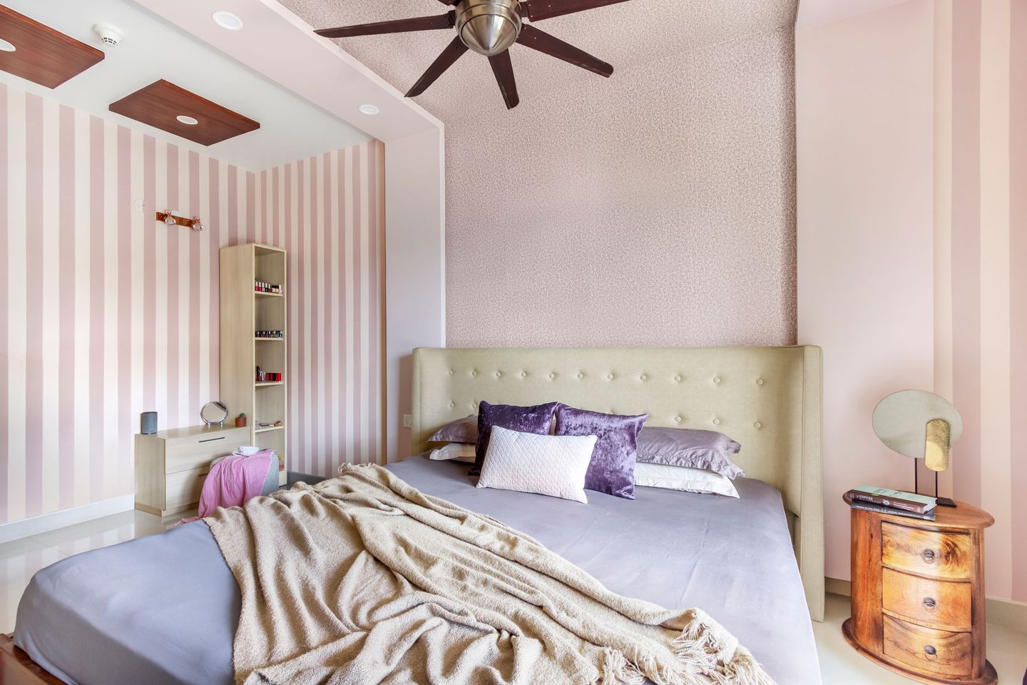Kids Room Design With Pink And White Striped Wallpaper - Livspace