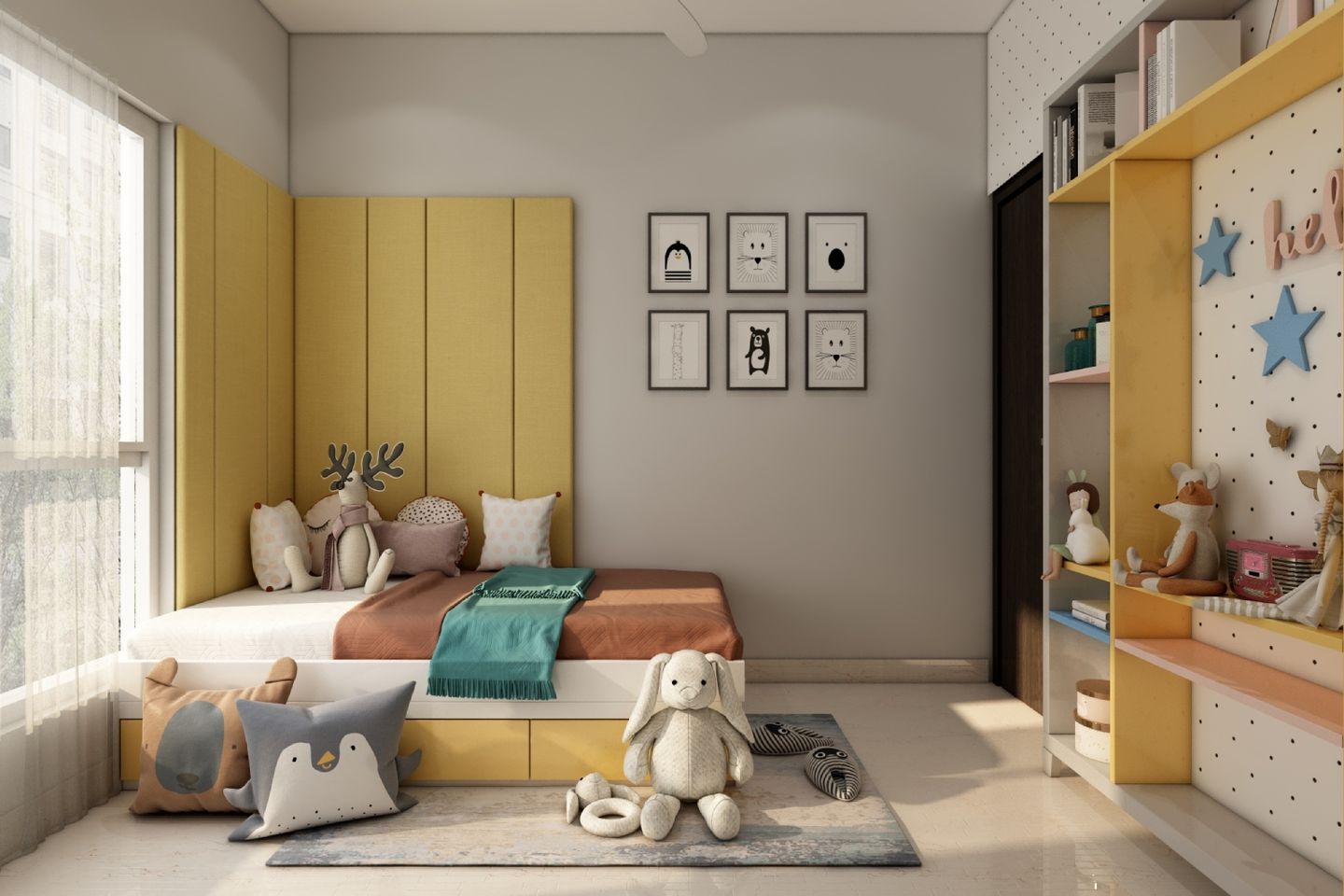 Boys Room Design With With Grey And White Glossy Wardrobe | Livspace