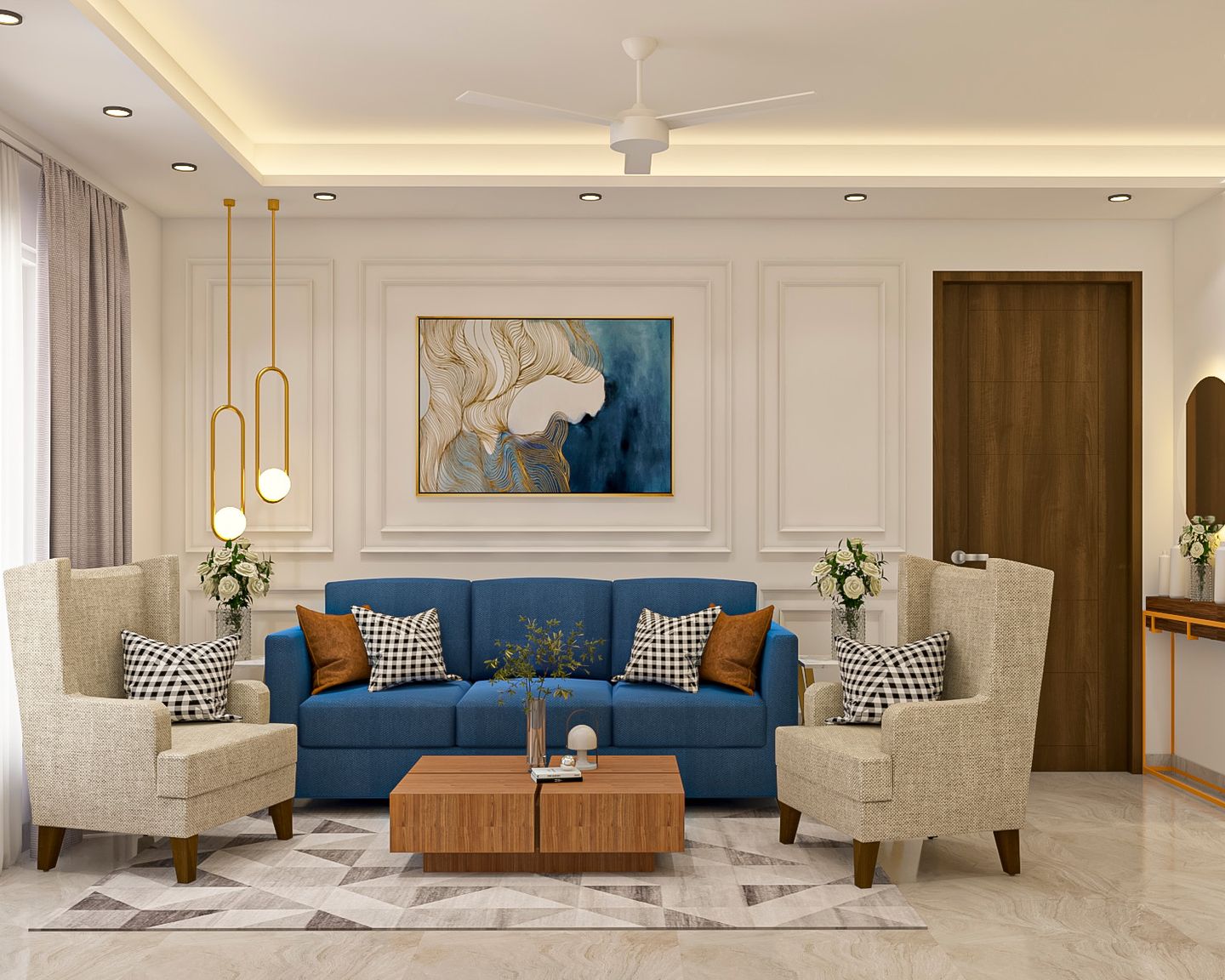 Living Room Design With Blue Sofa And Beige Accent Chairs - Livspace
