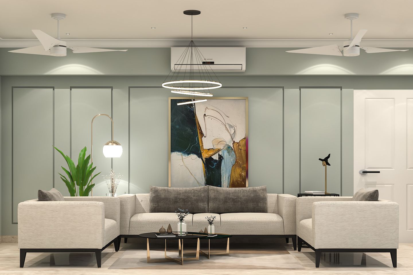 Living Room Design With Beige And Grey Tuxedo Sofas - Livspace