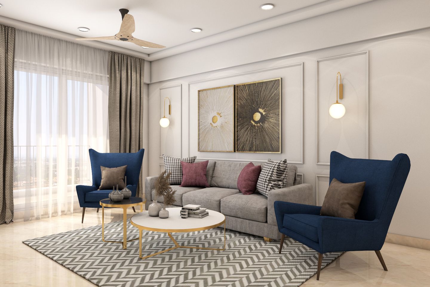 Blue And Grey Living Room Design With White Wall Trims | Livspace