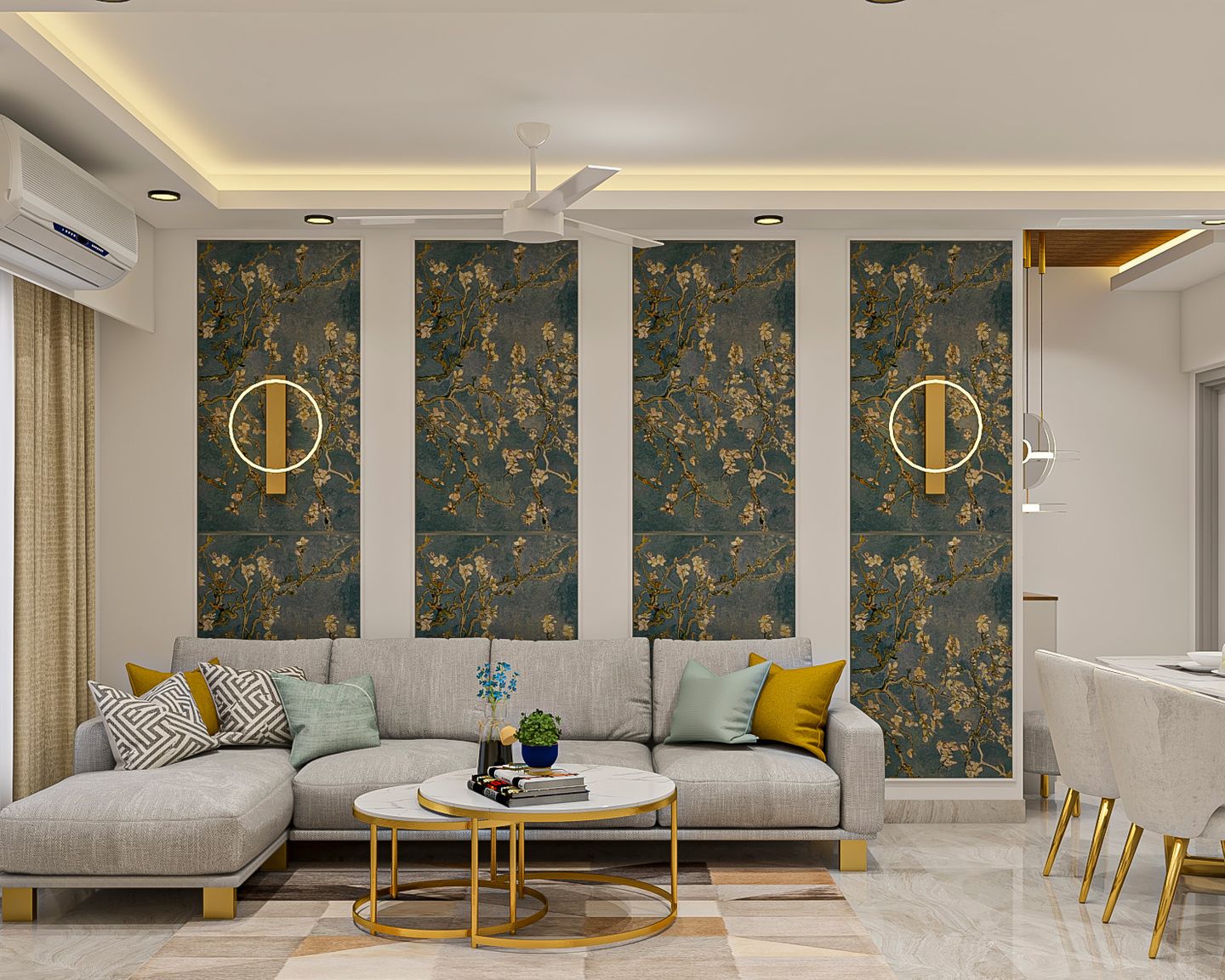 Living Room Design With Grey Floral Wallpaper - Livspace