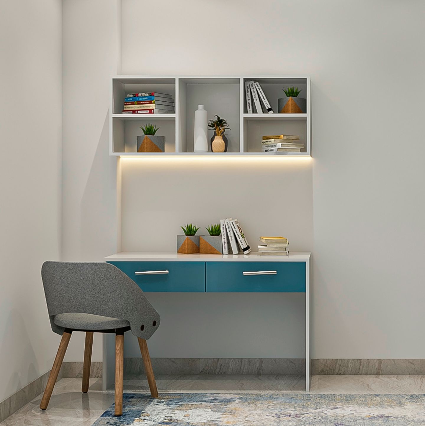 Blue And White Study Room Design In High-Gloss Finish | Livspace