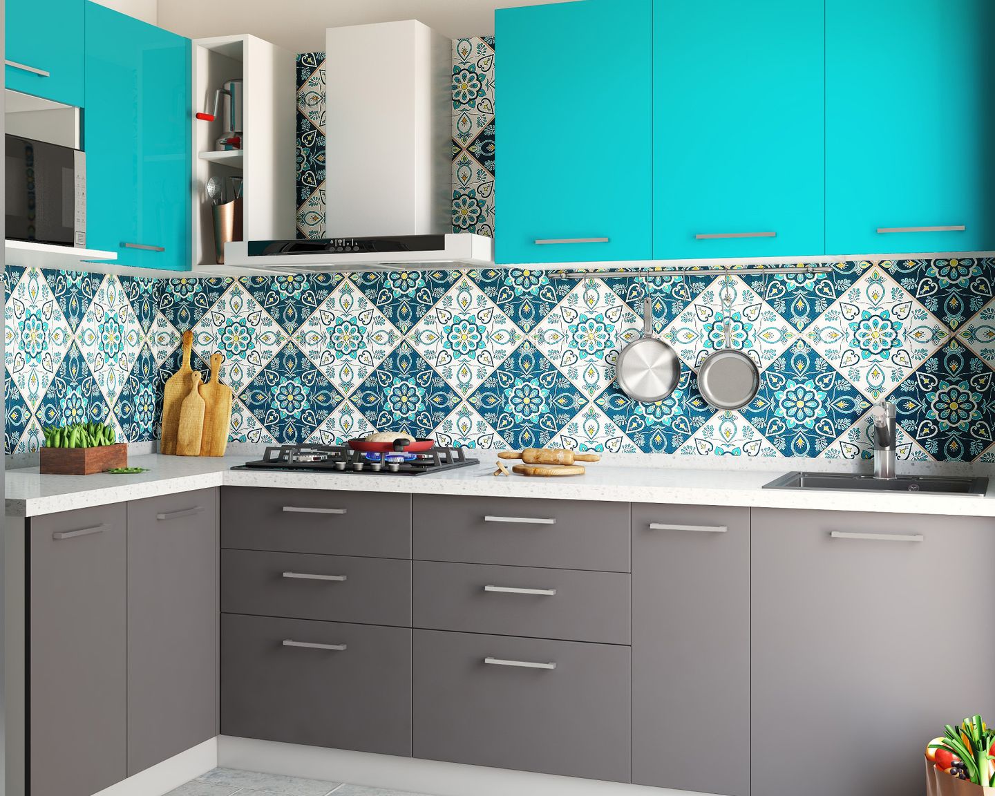 Semi-Glossy Blue And White Ceramic Kitchen Tile Design | Livspace