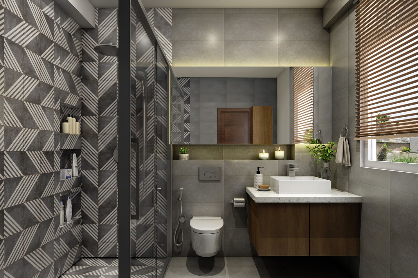 Porcelain Grey And White Chevron Bathroom Tile Design - Livspace