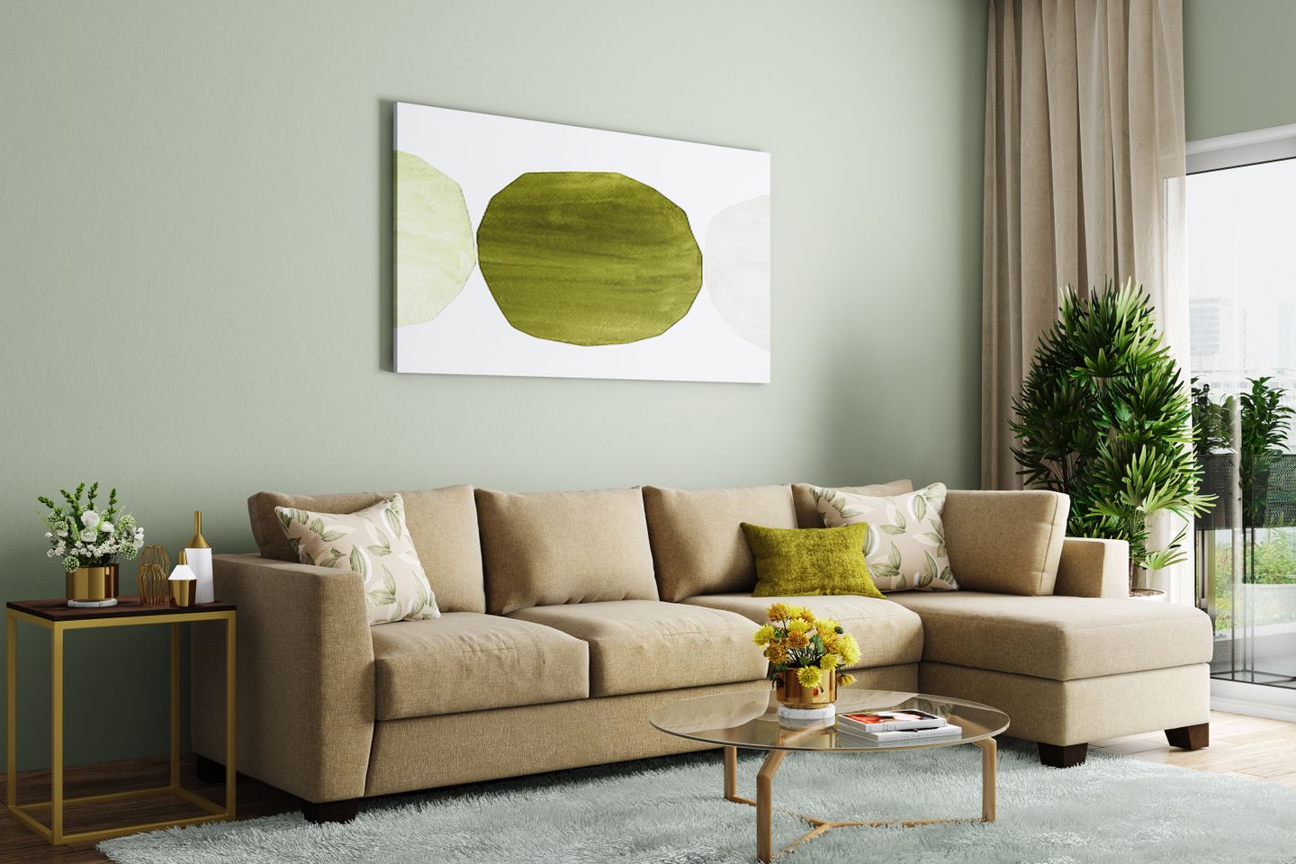 Light Green Living Room Wall Paint Design With Tan Sofas | Livspace