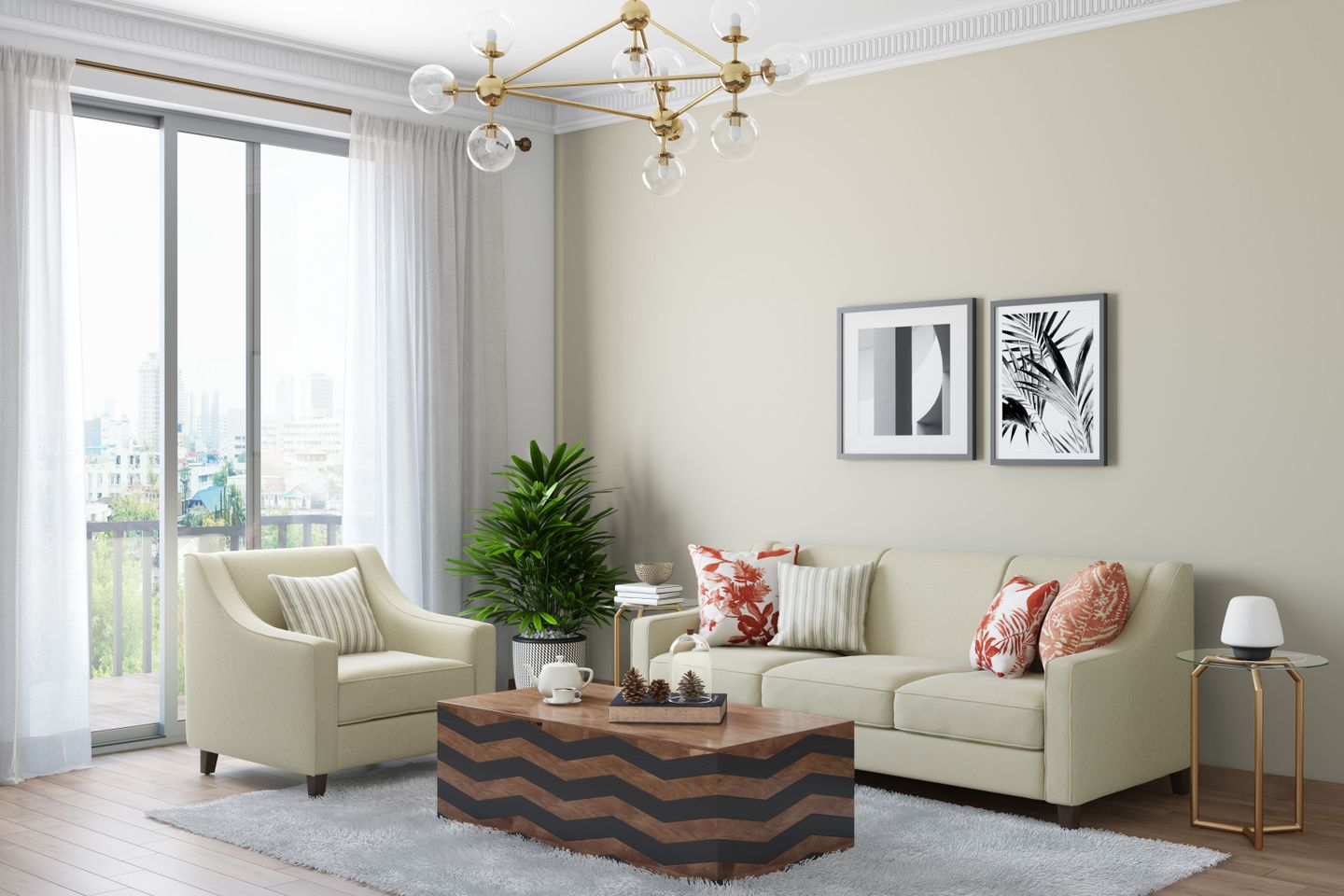 All-Beige Living Room Wall Paint Design | Livspace