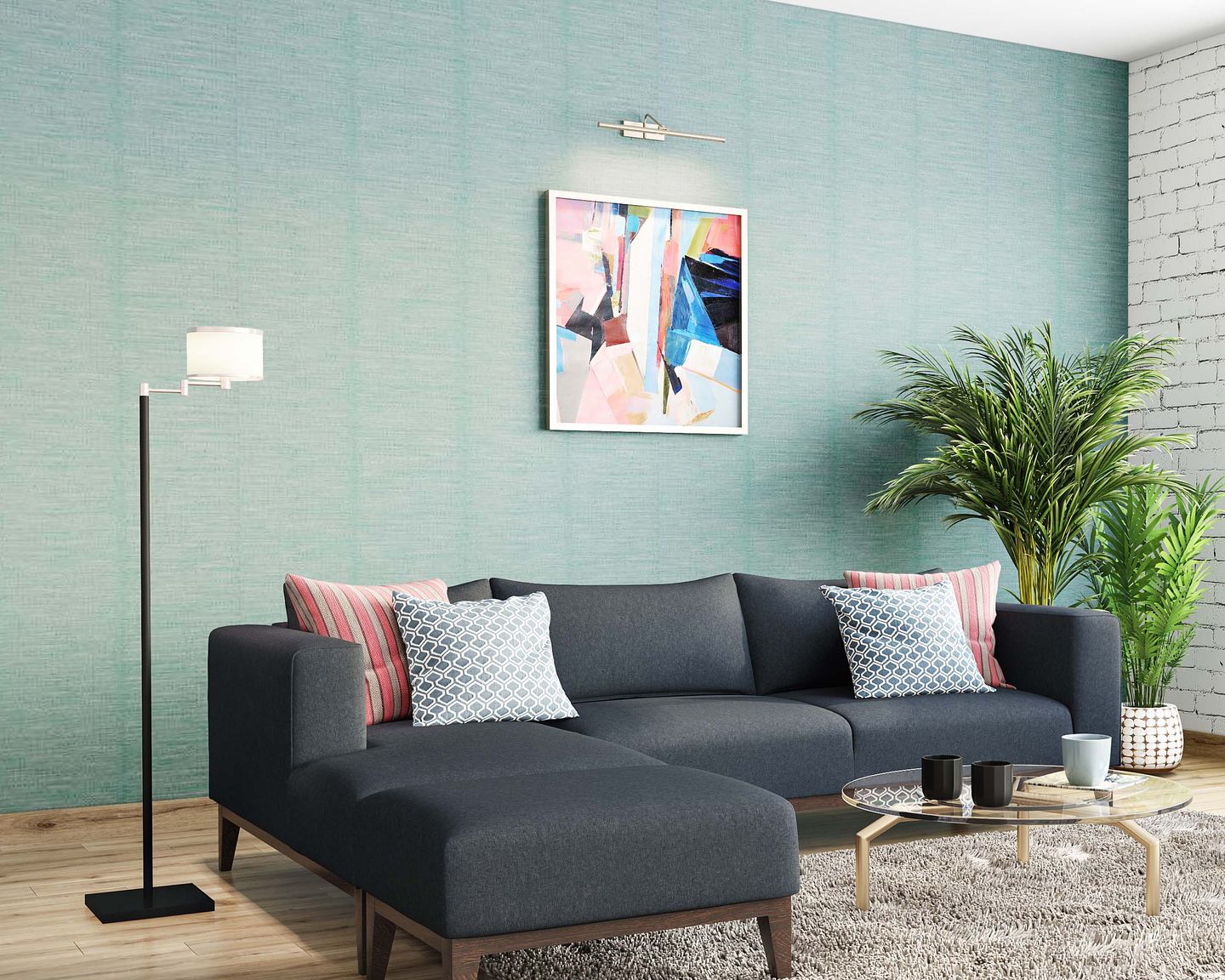Green Fabric Living Room Wallpaper Design - Livspace
