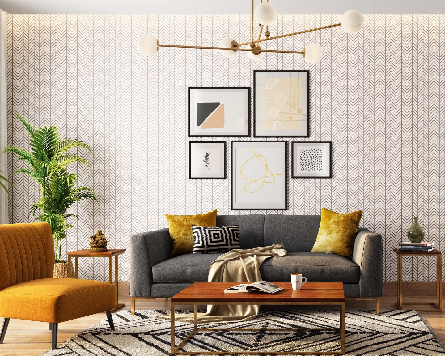 Geometric Brown And Cream Living Room Wallpaper Design - Livspace