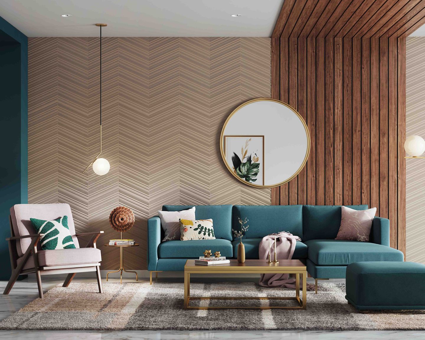 Brown Geometric Living Room Wallpaper Design - Livspace