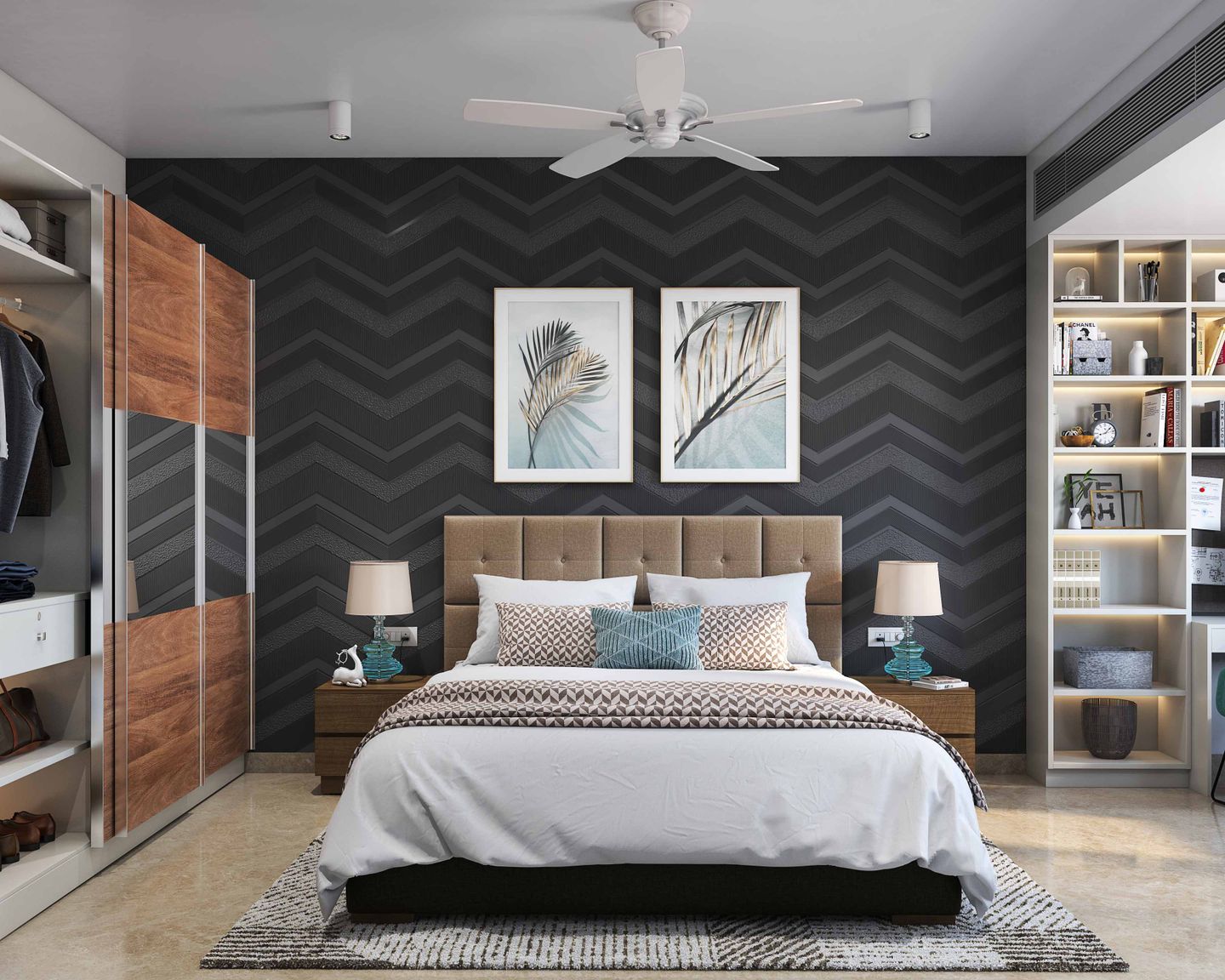 Zig-Zag Geometric Bedroom Wallpaper Design In Black And Grey - Livspace