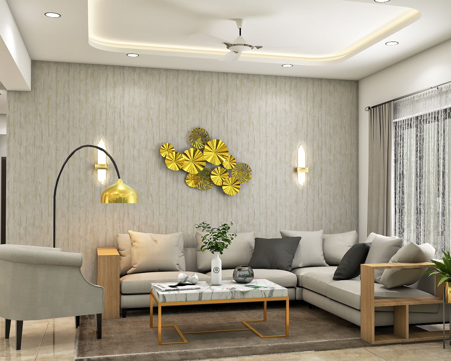 Brown Textured Living Room Wallpaper Design - Livspace