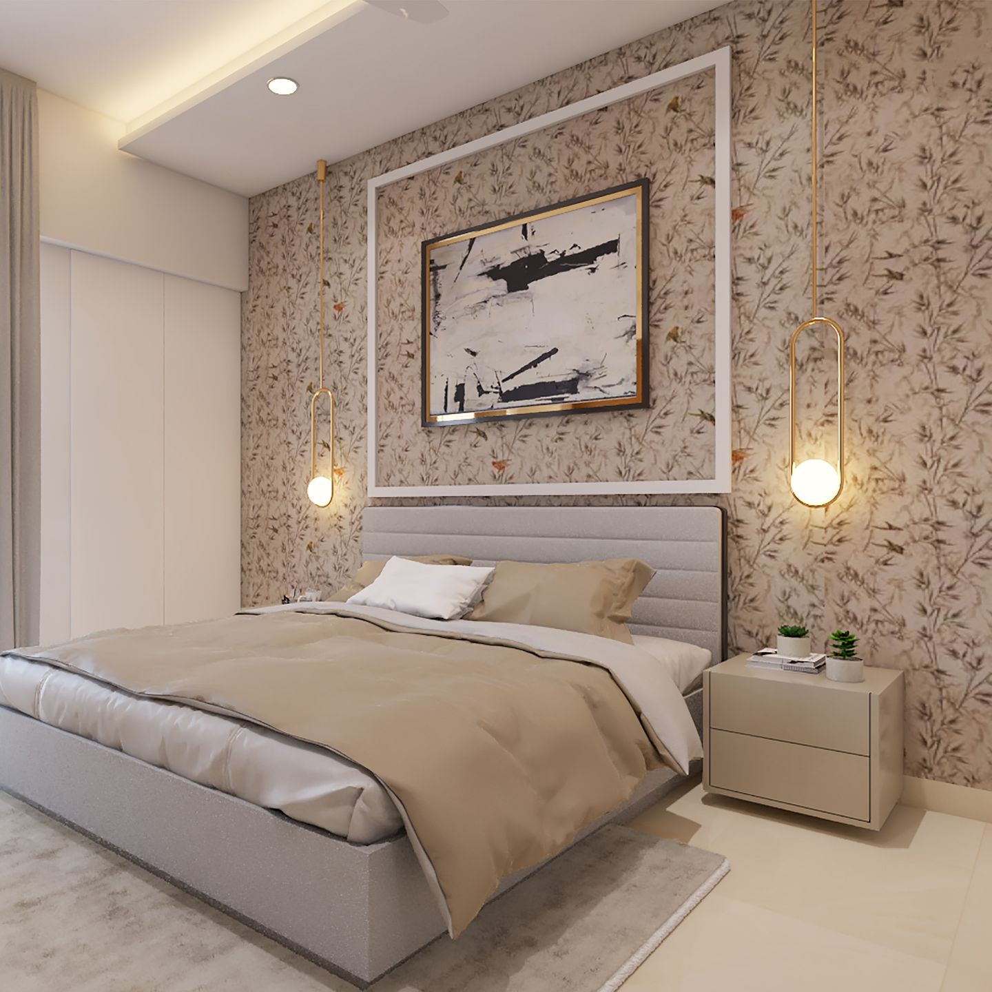 Floral Bedroom Wallpaper Design In Brown | Livspace