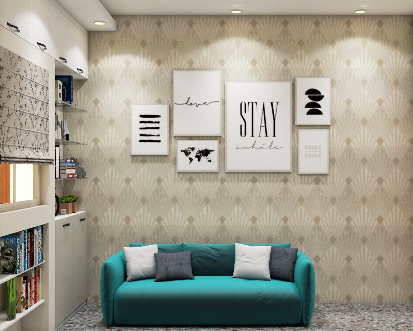 Beige Art Deco Living Room Wallpaper Design - Livspace