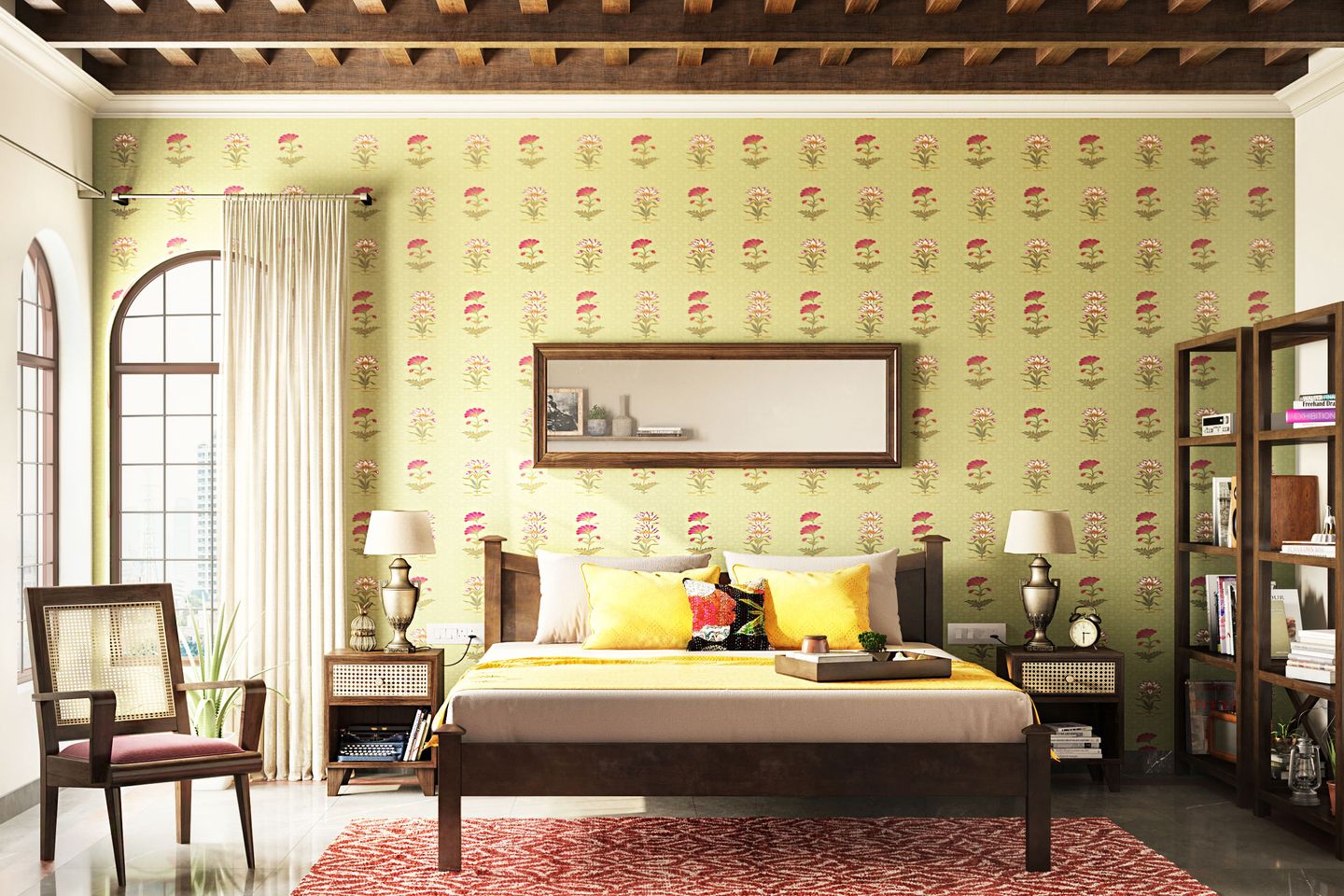 Yellow And Pink Floral Wallpaper Design For Bedrooms Livspace