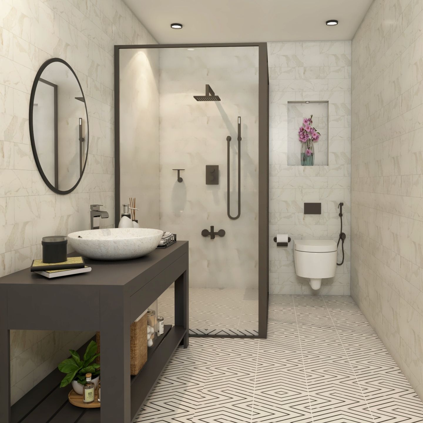 Black And White Bathroom Design With Grey Vanity Unit | Livspace