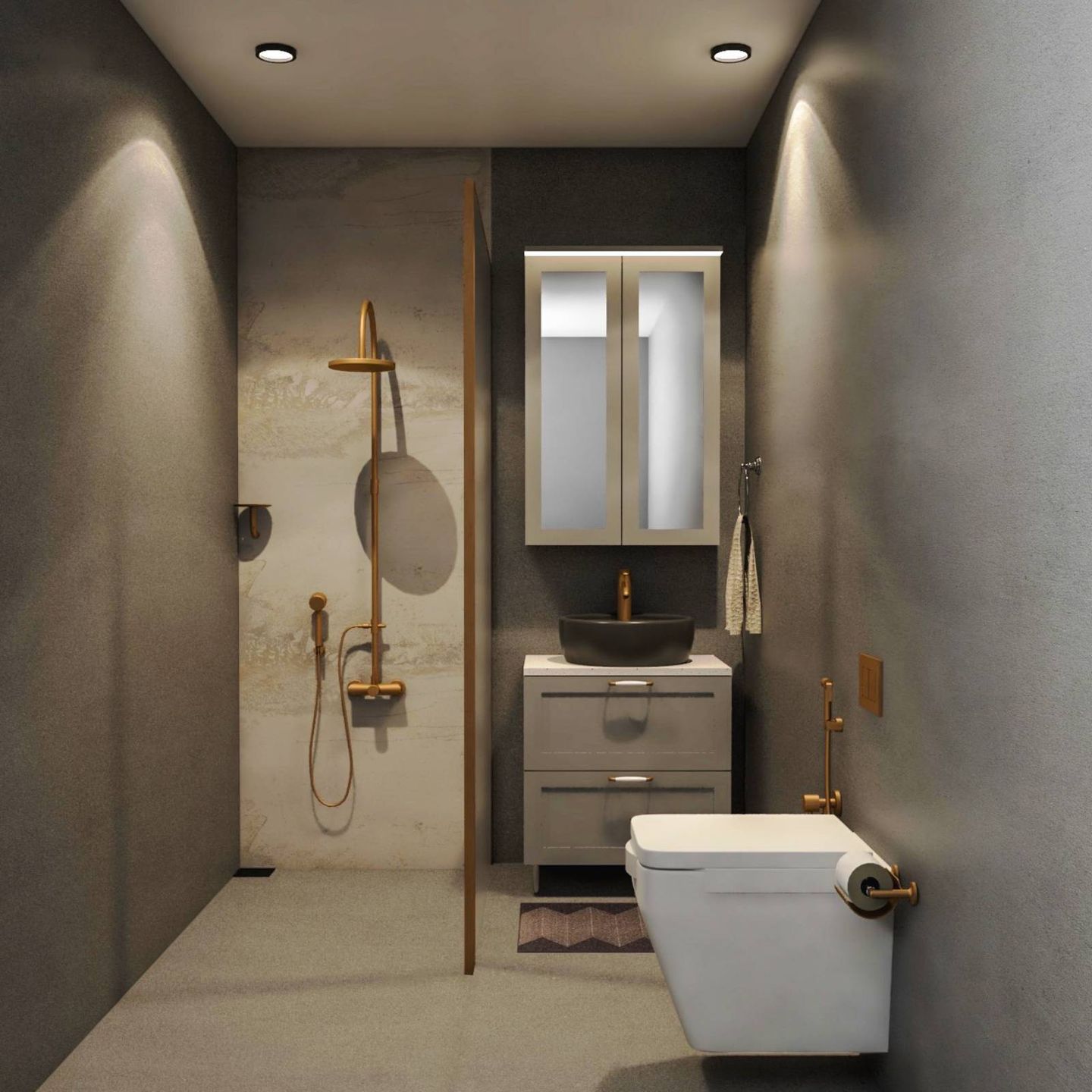 Grey And Beige Bathroom Design With Quartz Countertop Livspace