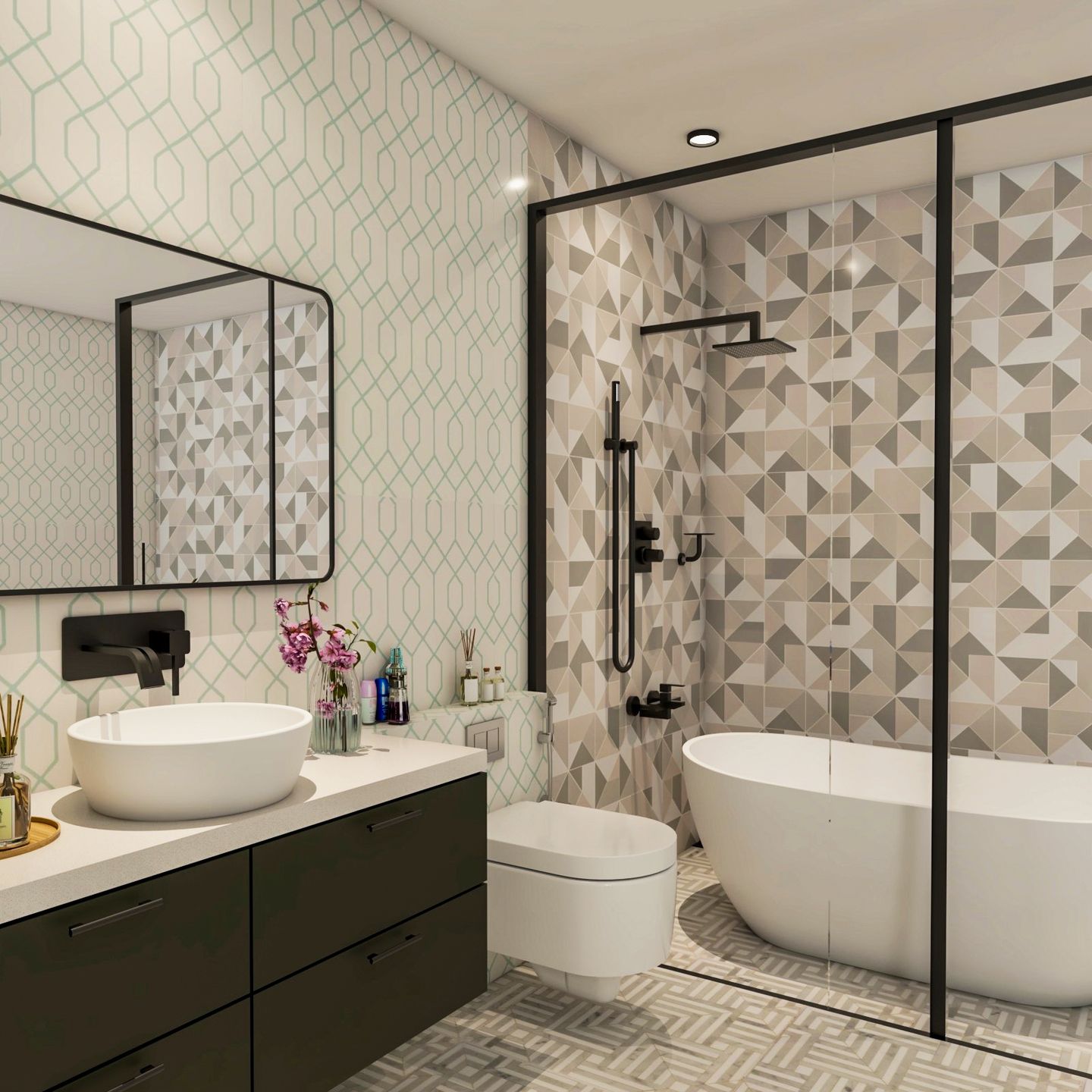 Multicoloured Bathroom Design With Rectangular Mirror | Livspace