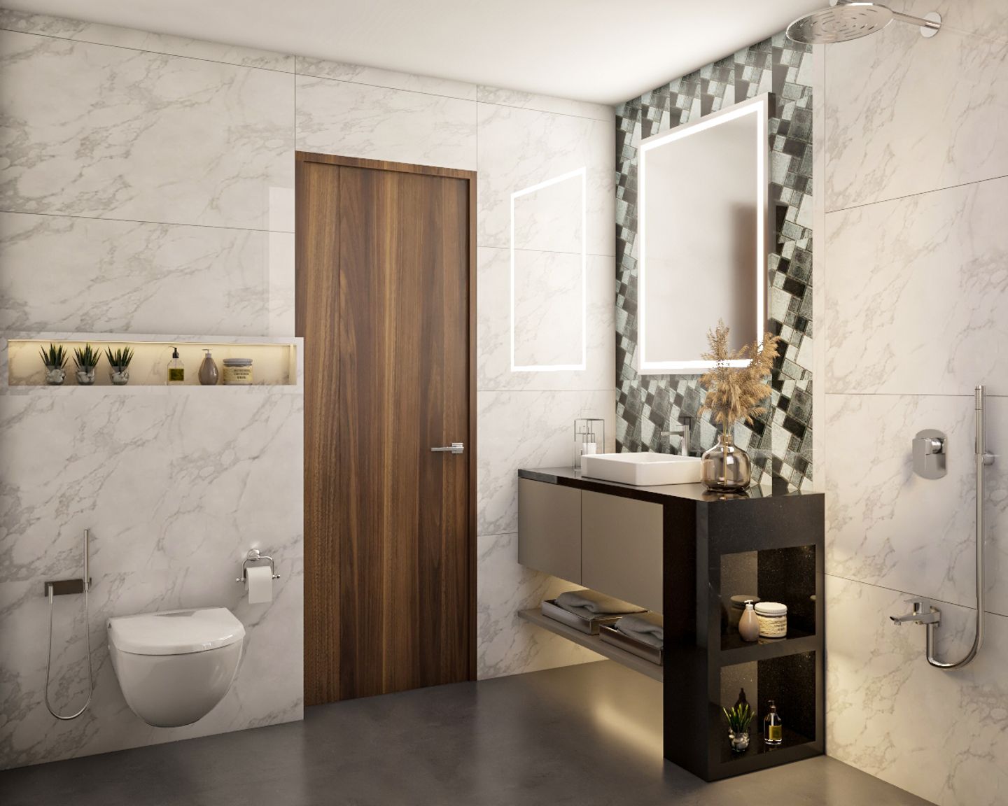 Multicoloured Bathroom Design With Marble Walls And Granite Countertop - Livspace